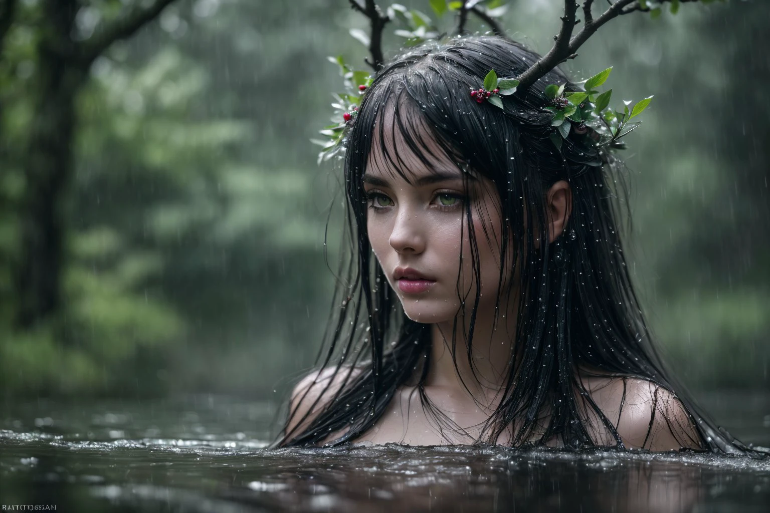 (8k, RAW photo, highest quality, best quality, masterpiece,ultra-realistic, ultra-detailed, hires, full-length girl, sharp focus:1.2), (photorealistic, hyper-realistic:1.37) dryad, dark fantasy, evil, cry, fear, monster girl, heavy rain, wet girl