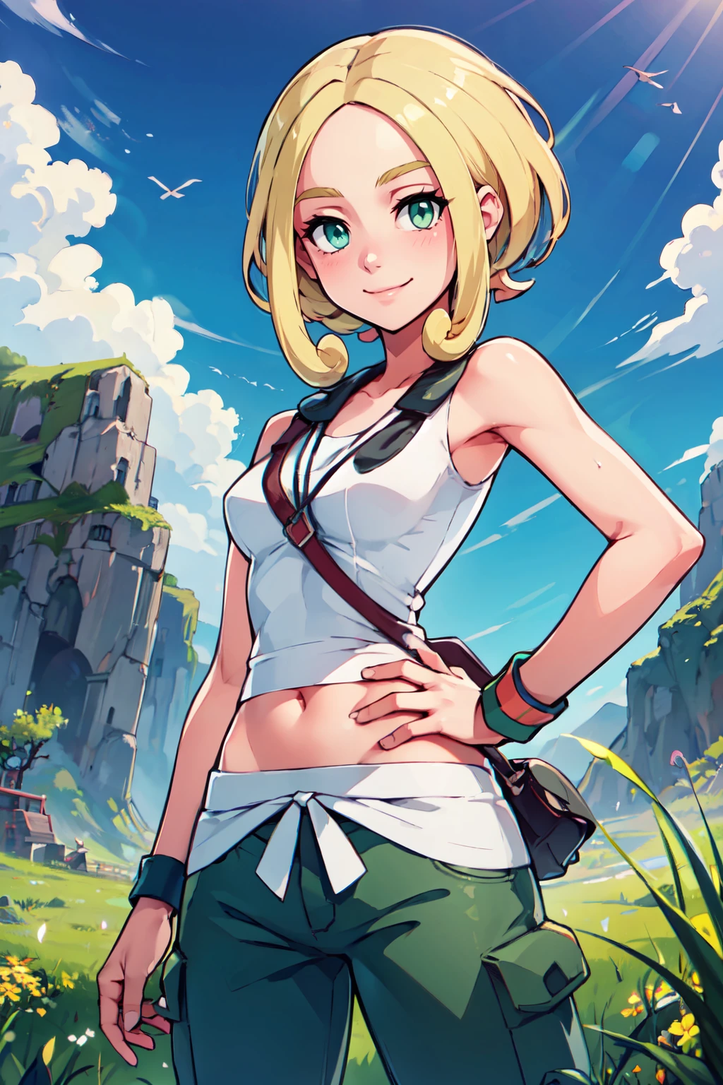 ((masterpiece,best quality)), absurdres,  BREAK, , <lora:Viola_Pokemon:0.8>, zzViola, green eyes, blonde hair, sleeveless shirt, white shirt, wristband, green pants, midriff, , BREAK, hip to the side, hand on hip, contrapposto,, BREAK, solo, smile, looking at viewer, cowboy shot,