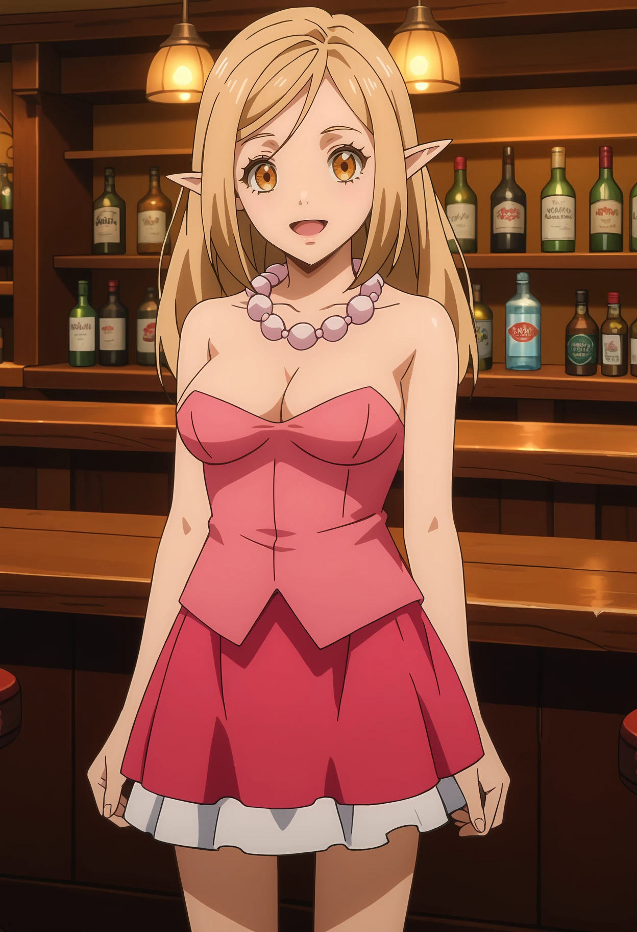 score_7_up, anime screencap,
<lora:TenSura_DwargonElf5XL:0.9>, DwargonElf5,
1girl, solo, open mouth, light smile,
long hair, blonde hair, orange eyes, pointy ears,
strapless dress, pink dress, cleavage, pearl necklace, frilled skirt, pink skirt,
standing, looking at viewer, thigh gap, cowboy shot,
blurry background, indoors, bar (place)