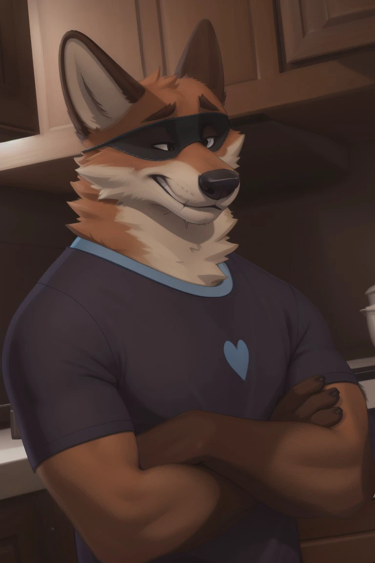 edgarfox, solo, realistic, anthropomorphic, smirk, muscular body, furry tail shown, (by personalami:0.5), zaush, (soft shading), 4k, hi res, 8k, detailed eyes, 8k eyes, eyes focus, handsome, in kitchen, (dark blue shirt, blue heart on shirt, blue pants, black eye mask around eyes)), detailed_background, full view, view, fully body shown