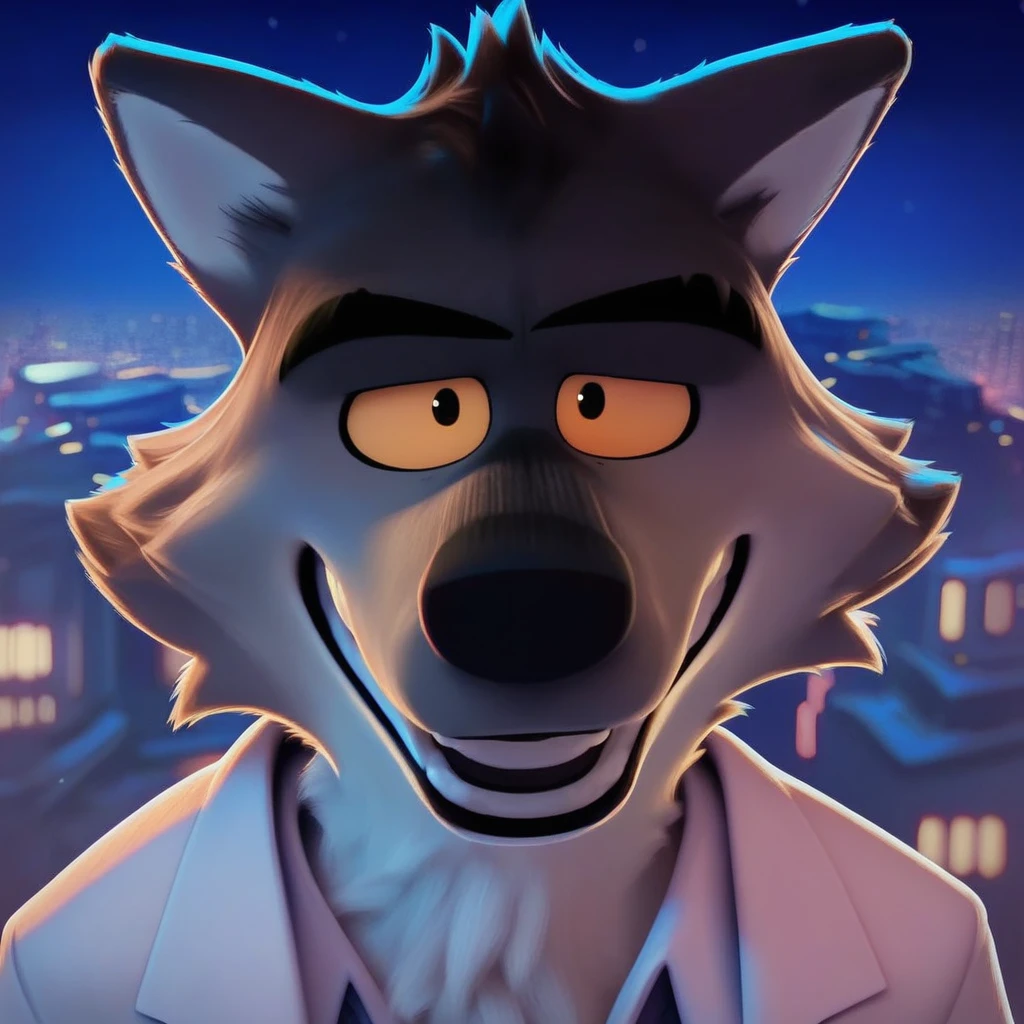 score_9, score_8_up, score_7_up, solo, mr wolf, bg, furry, dark, night, city, detailed background, looking at viewer, happy