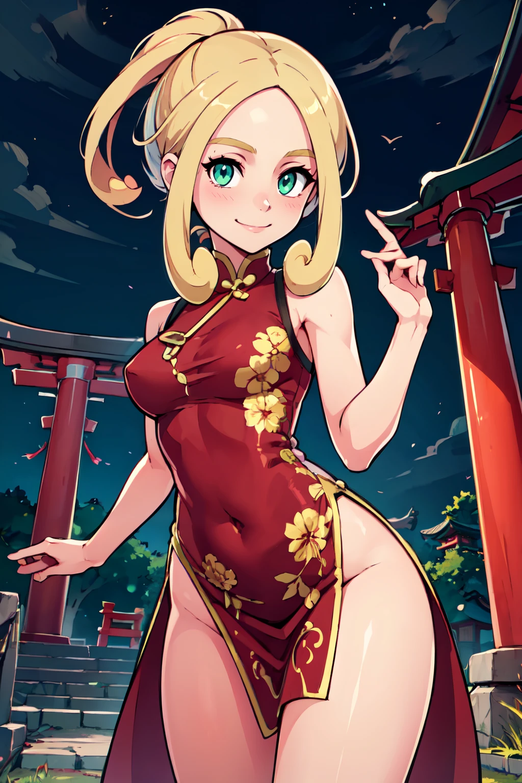 ((masterpiece,best quality)), absurdres,  BREAK, , <lora:Viola_Pokemon:0.8>, zzViola, green eyes, blonde hair, , BREAK,  china dress, pelvic curtain, side slit, sleeveless, print dress, covered navel, no panties, outdoors, night, torii, shrine, east asian architecture, leaning forward, hand on own thigh, from above,, BREAK, solo, smile, looking at viewer, cowboy shot,