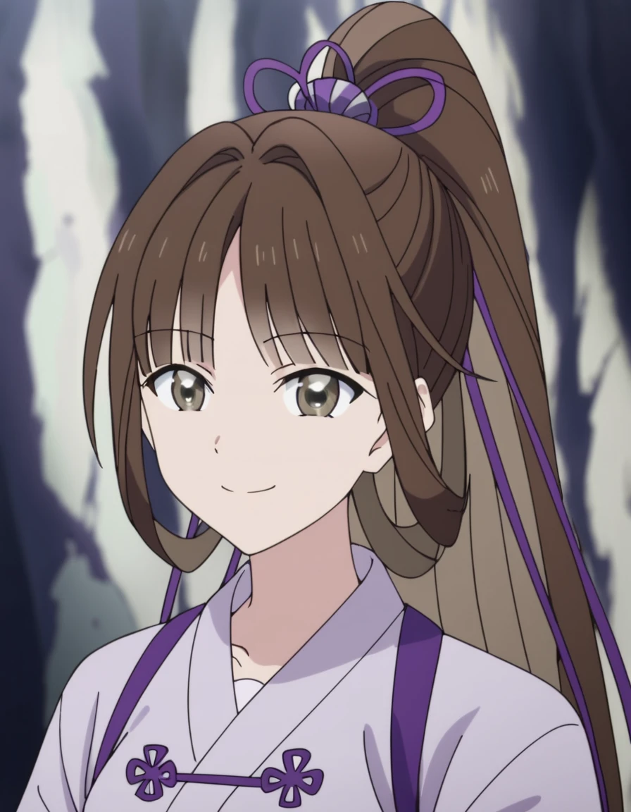 <lora:ExplorationHero:1>, soft smile, portrait,  Airi, long hair, brown hair, brown eyes, hair ribbon, sidelocks, japanese clothes, high ponytail,