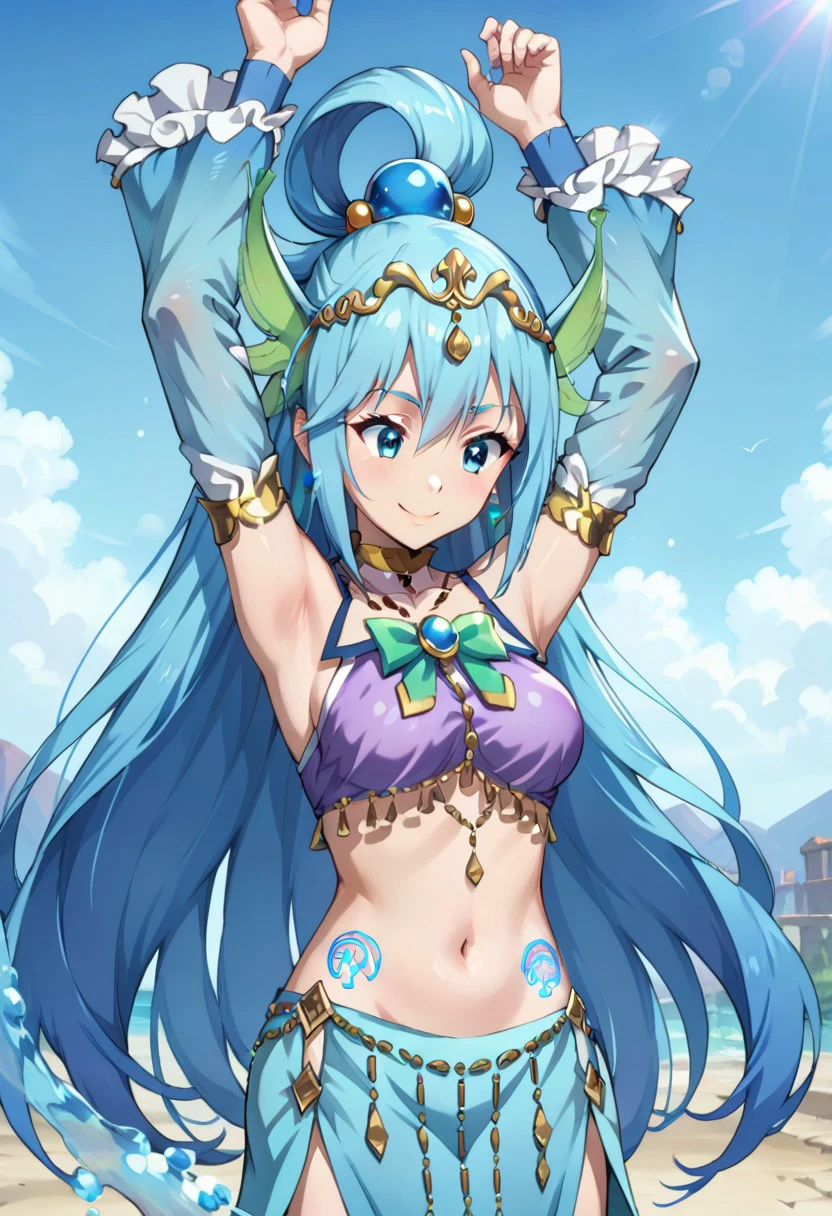 score 9, score 8 up, score 7 up, konosuba, aqua /(konosuba/),aqua /(fantastic adventurer/), tiara, 1girl, long hair, solo, blue eyes, blue hair, navel, smile, detached sleeves,arms up, armpits,very long hair, jewelry, midriff, breasts, hair ornament, tattoo, day, dancing, goddess,side,looking down,simple background