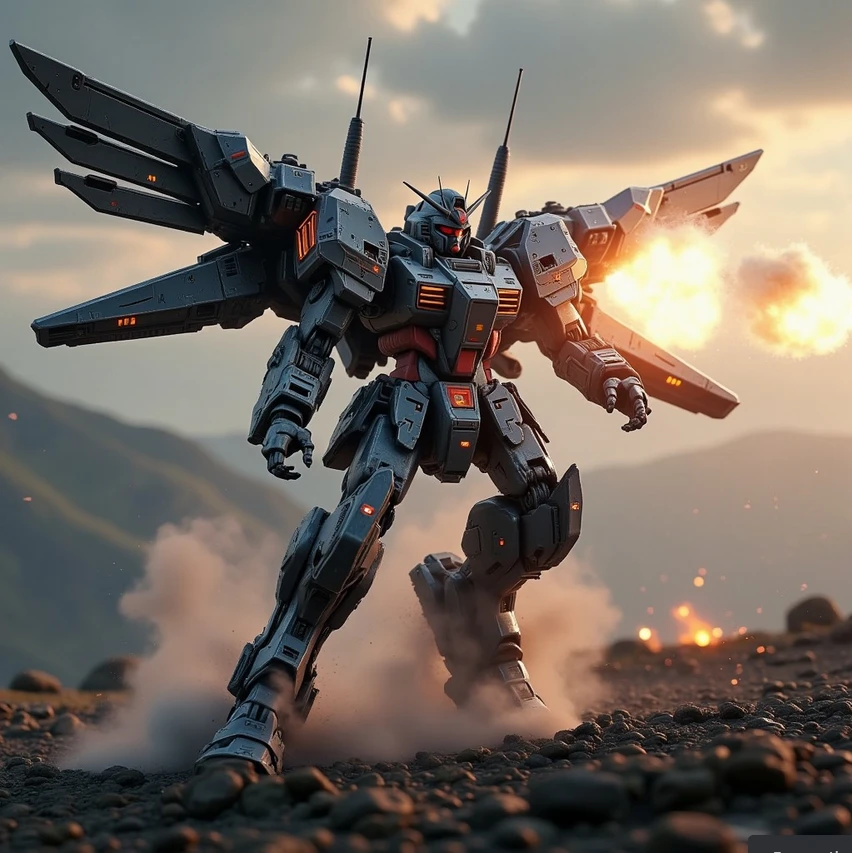 (Masterpiece: 1.4), (Best quality: 1.4), Natural(Big:1.25), ultra metallic Wing Gundam firing against a flying ship cinematic volumetric lighting, wide shot with Sony Fx6