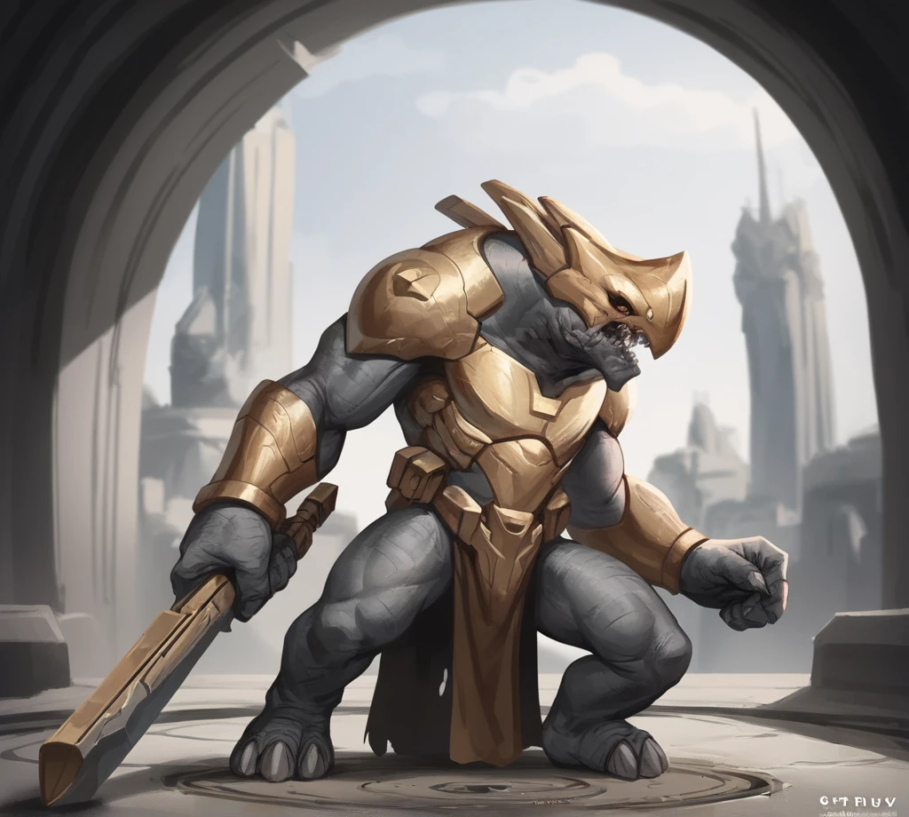 From behind  zPDXL2, rating_safe, score_9 , score_8_up, score_7_up,2.5d,  source_cartoon, portrait, BREAK
grux at a Future Metropolis, Sprawling cityscape of towering skyscrapers, advanced transport, paraggrux, holding weapons in both hands, action pose, wearing gold  armor, chest armor, armor thighs , armored loincloth,  grey skin, wearing a face helmet, teeth,  monster <lora:Grux_-_Paragon:0.8>