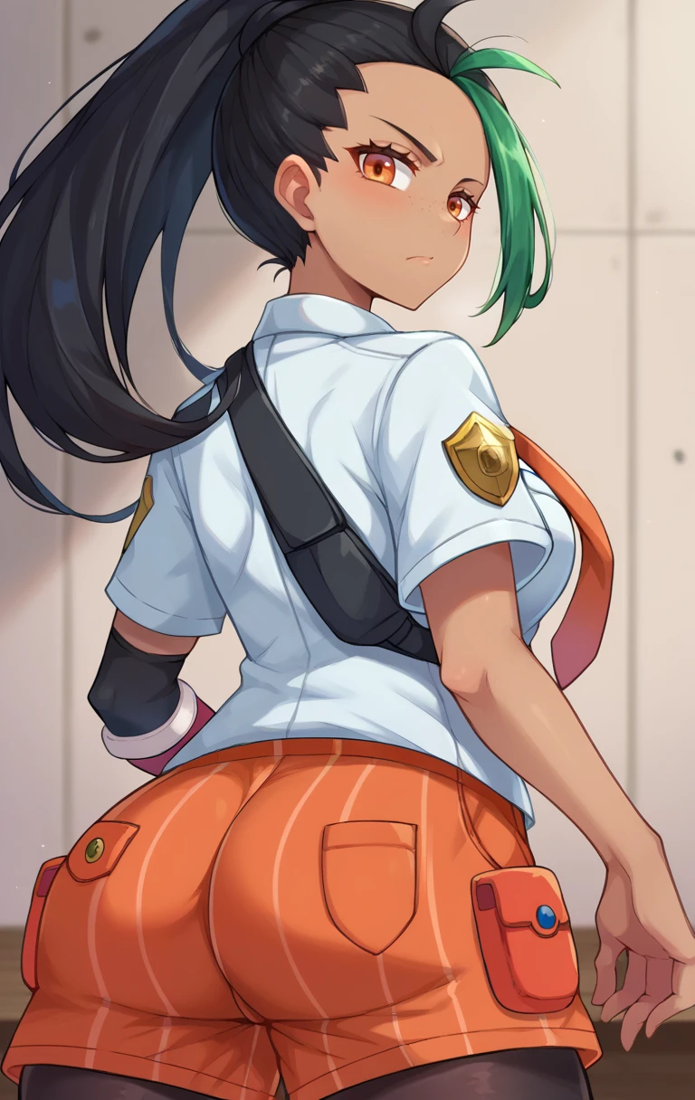 score_9,score_8_up,score_7_up BREAK <lora:nemona:0.9>,NemonaSDXL,1girl,solo,long hair,shirt,black hair,gloves,school uniform,white shirt,ponytail,short sleeves,pantyhose,green hair,necktie,shorts,striped,collared shirt,dark skin,fingerless gloves,dark-skinned female,streaked hair,orange eyes,black pantyhose,eyelashes,single glove,freckles,breast pocket,hair pulled back,orange necktie,orange shorts,cowboy shot,room,room background,from behind,looking back,ass focus,