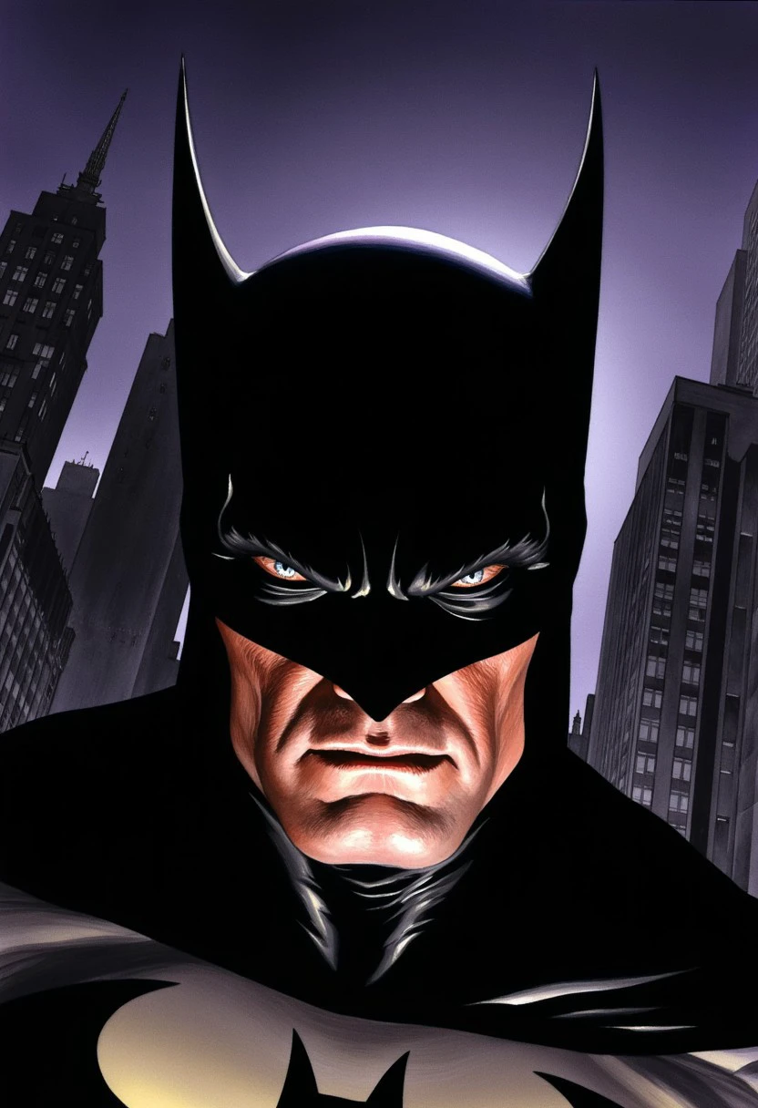 AlexRossstyle, Batman, dramatic lighting, comic book art, city nightscape, scowling, brooding