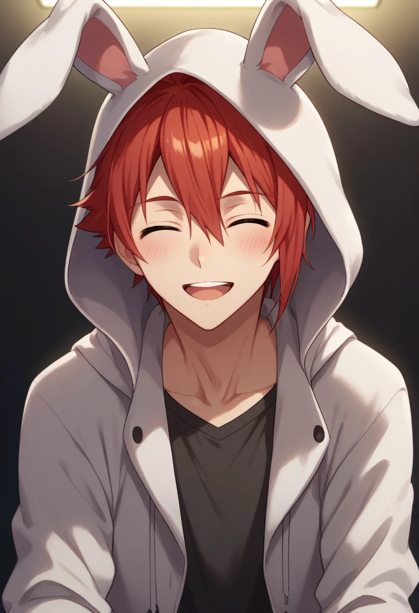 score_9, score_8_up, score_7_up, source_anime, highly detailed, 
rikunanase, 1boy, male focus, solo, red hair, smile, open mouth, closed eyes, looking at viewer, blush,
animal hood,
hair between eyes,
hood up,
rabbit hood,
hooded jacket,
indoor,