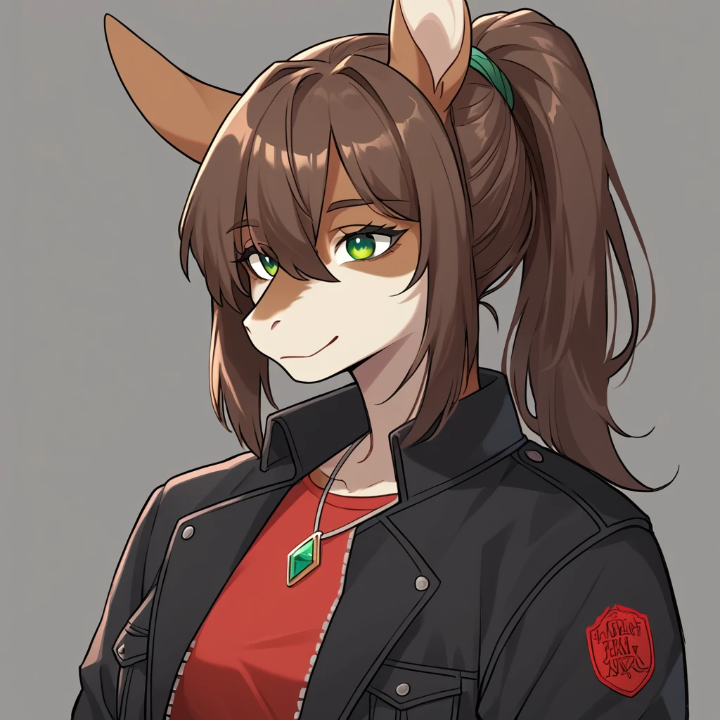 score_9, score_8_up, score_7_up, by volpe56, equid, equine, horse, solo, green eyes, brown hair, dark gray background, simple background, furry, shirt, upper body, smile, red shirt, 1girl, jacket, sidelocks, animal ears, necklace, black jacket, open clothes, closed mouth, furry female, ponytail, snout, jewelry, hair between eyes, bangs, open jacket