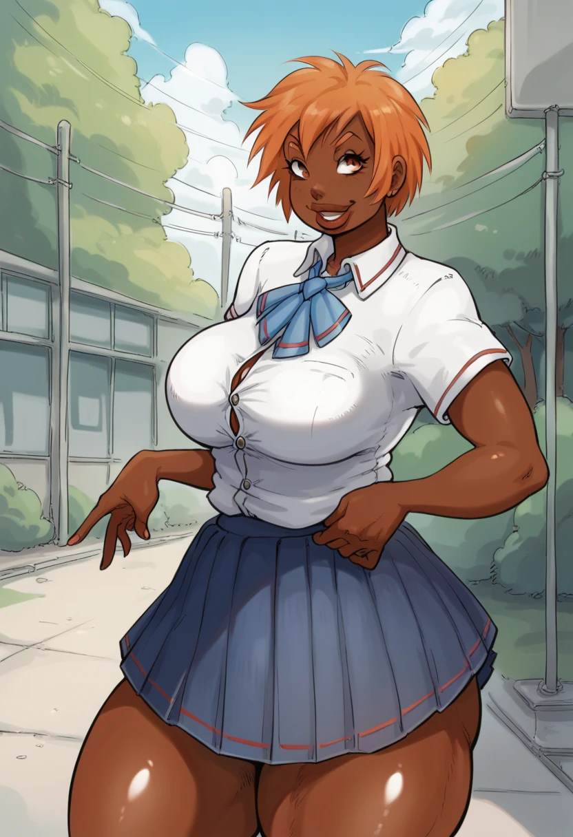 score_9_up, score_8_up, score_7_up, aki_zenmai, 1girl, dark skin, orange hair, tomboy, school uniform, breasts, short hair, skirt, large breasts, smile, thighs, pleated skirt, lips, thick thighs,