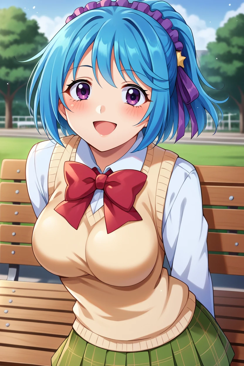 score_9,score_8_up,score_7_up,score_6_up, BREAK kurumu, 1girl, blue hair, purple eyes, solo,looking at viewer,school uniform,upper body, yellow sweater vest, white collared shirt,white shirt, red bowtie, green plaid skirt,smile,purple headdress, star \(symbol\),long sleeves,ponytail,short hair,park,grass, tree,contrapposto,leaning forward,hands behind back, purple hair  ribbon,short skirt,brick house,medium breasts,blush,city,open mouth,(from side:0.7),bench in the background, <lora:KurumuPony:1>