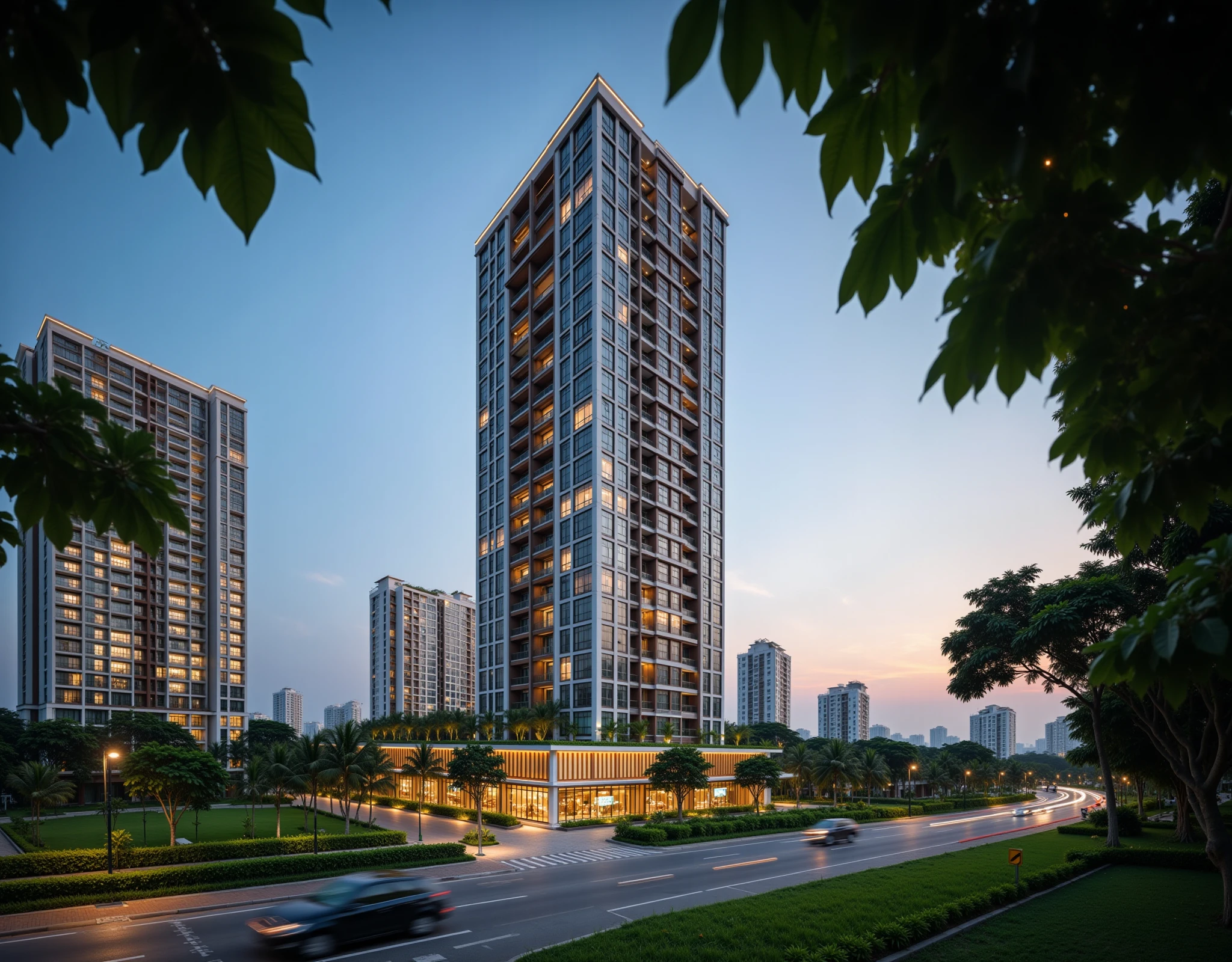 vrender,
photographic of 24-storey modern highrise apartment on city street, glass balcony, skycraper, building complex, 
scenery, motor vehicle, city, car, road, cityscape,
street view,
dusk, view from a leaf of tree, DOF, blur foreground,  