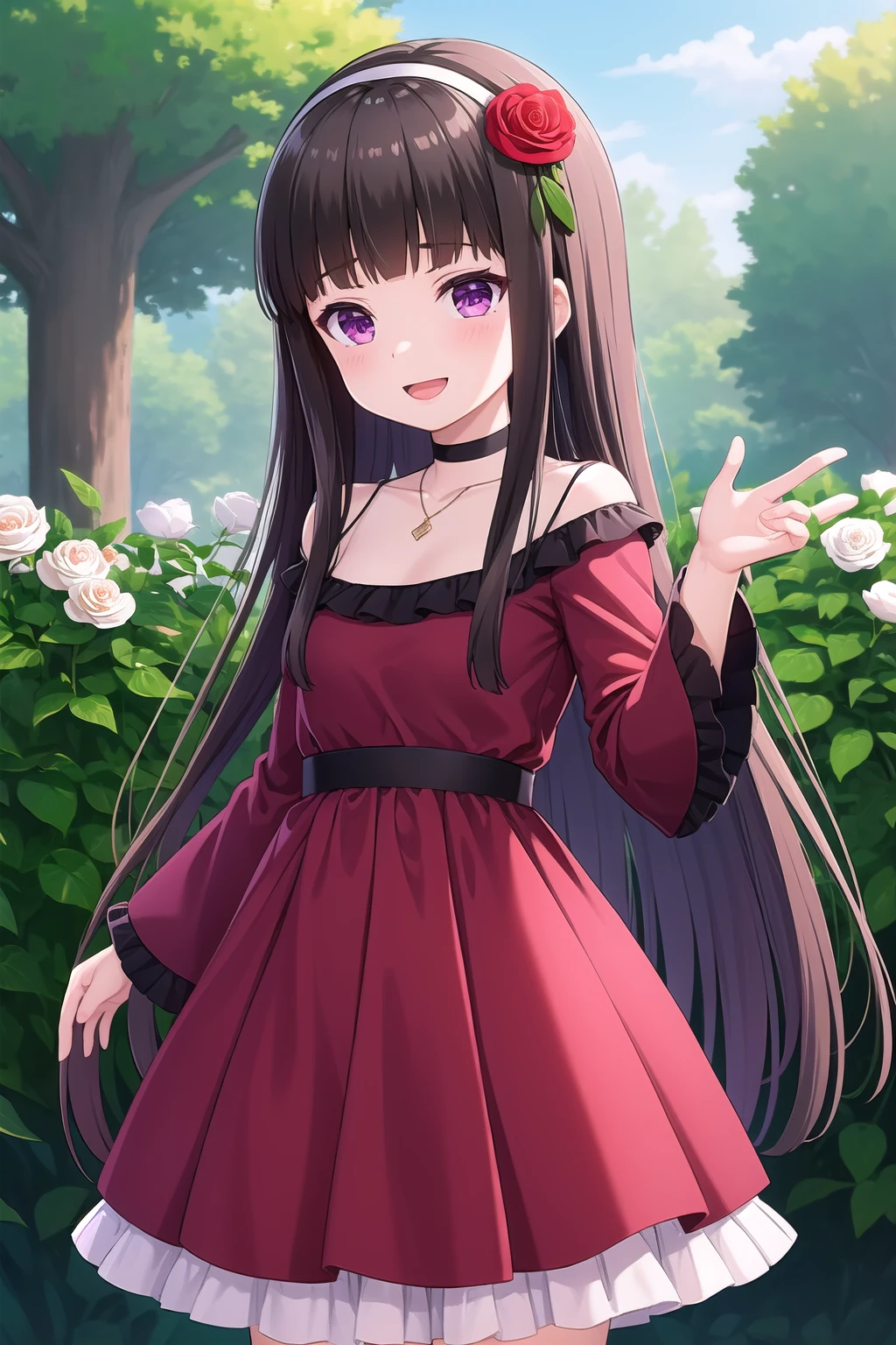 (masterpiece, best quality), highly detailed background, perfect lightingbest quality, shiranuiisuzu, solo, outdoors, garden, black hair, blunt bangs, hair rose, red rose, black hairband, very long hair, purple eyes, small breasts, black choker, necklace, red dress, long sleeves, wide sleeves, frilled dress, smile, open mouth, :d, pink lips, <lora:Shiranui-Isuzu-2-05:0.7>