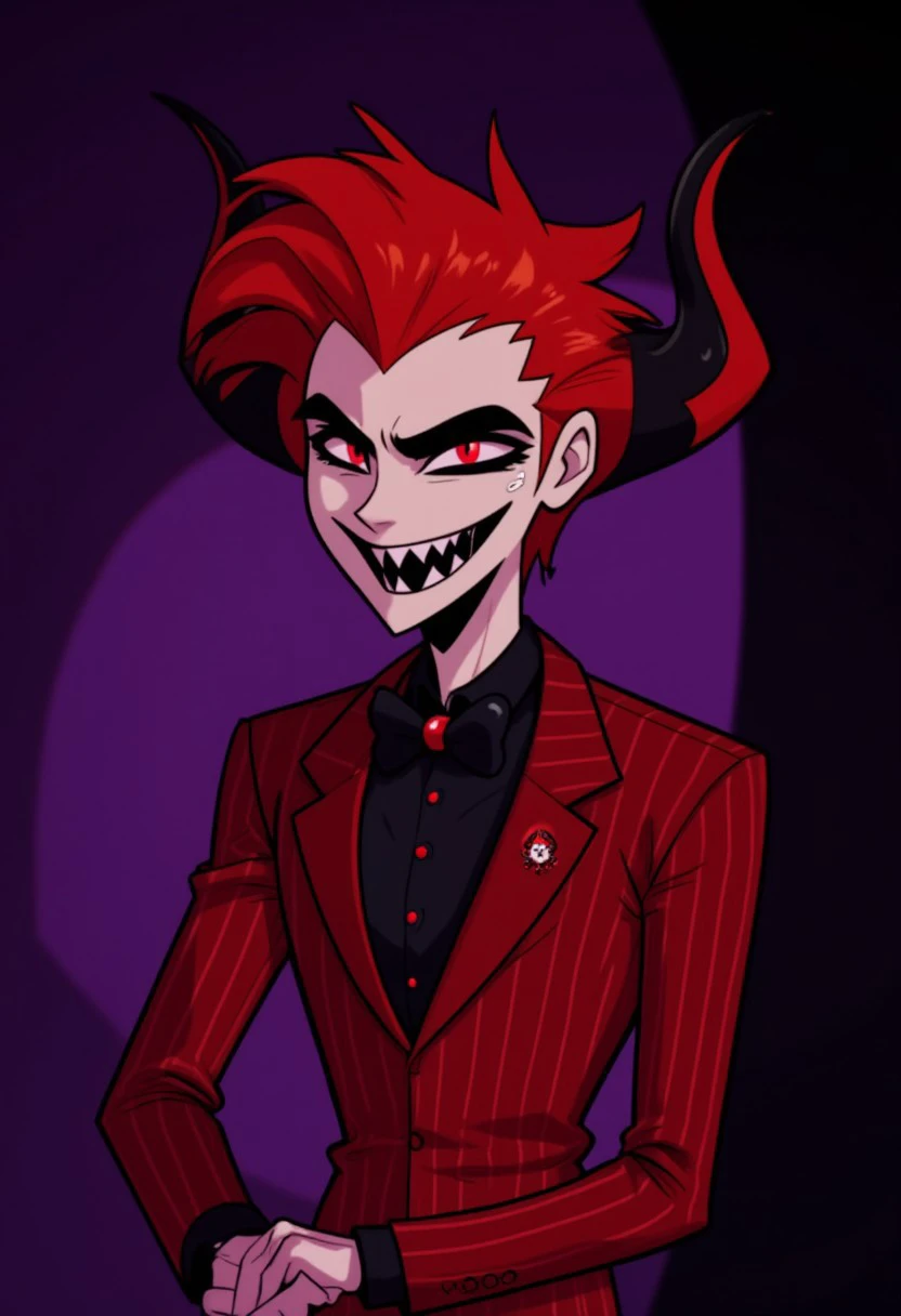 (hhstyle), a male with bright red hair styled in a spiky, exaggerated manner and large, pointed black ears with red inner linings. His eyes are a striking red, with narrow, slanted pupils. He has a wide, toothy grin, revealing sharp, white teeth. He is dressed in a red, pinstriped suit with a black collar and cuffs, a black bow tie, and a red lapel pin. His left hand is raised,  while his right hand rests on his hip. There is a purple to black purple gradient background behind him.