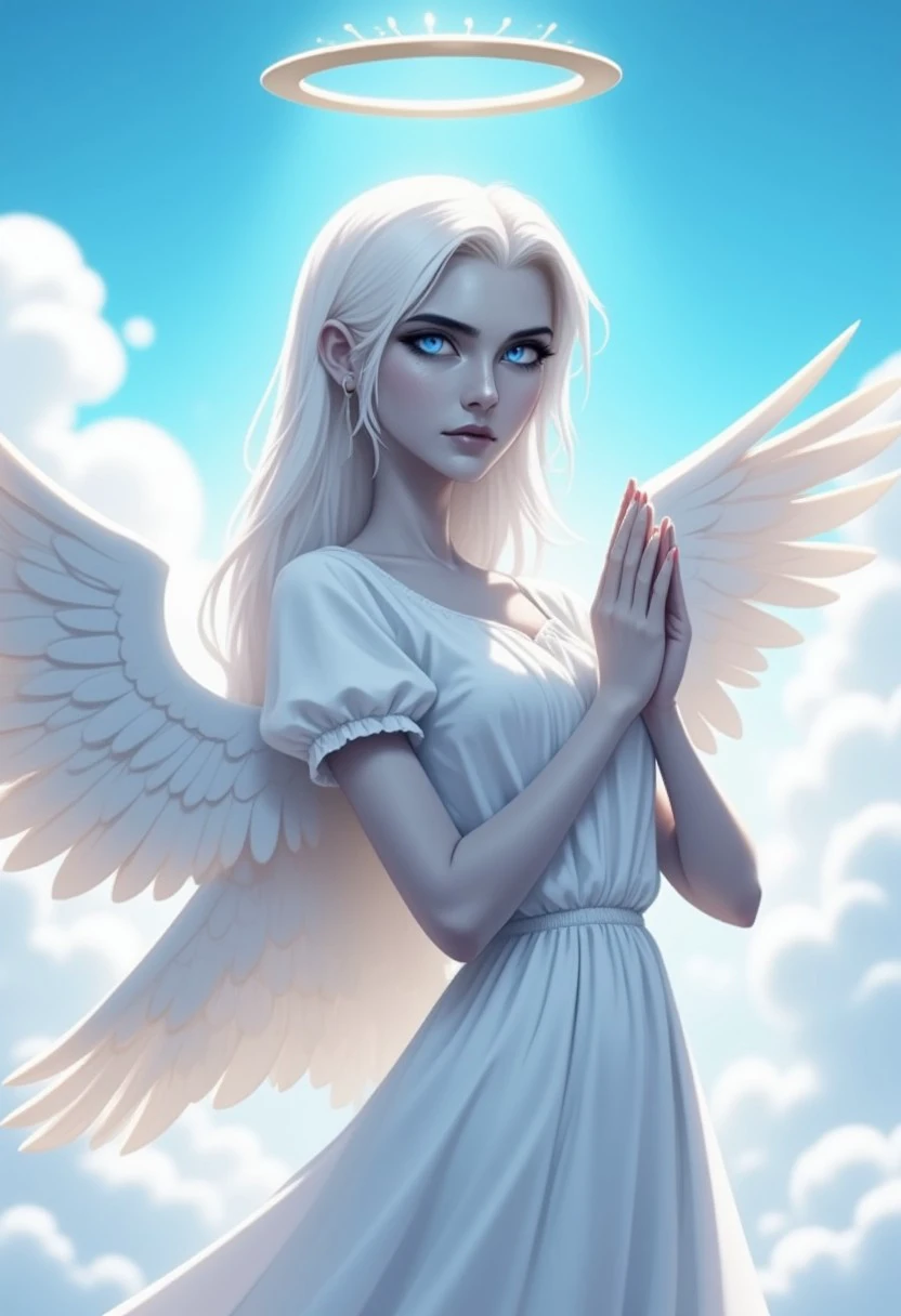 (hhstyle), a woman who is an angel with white angel wings, blue eyes, long white hair, light grey colored skin, and a halo, She is wearing a white dress with short puffy sleeves, white and is putting her hands together. She is on a cloud and there is a blue sunny sky above her.