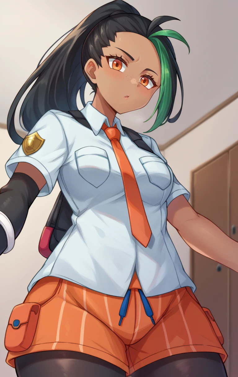 score_9,score_8_up,score_7_up BREAK <lora:nemona:0.9>,NemonaSDXL,1girl,solo,long hair,shirt,black hair,gloves,school uniform,white shirt,ponytail,short sleeves,pantyhose,green hair,necktie,shorts,striped,collared shirt,dark skin,fingerless gloves,dark-skinned female,streaked hair,orange eyes,black pantyhose,eyelashes,single glove,freckles,breast pocket,hair pulled back,orange necktie,orange shorts,cowboy shot,room,room background,from below,