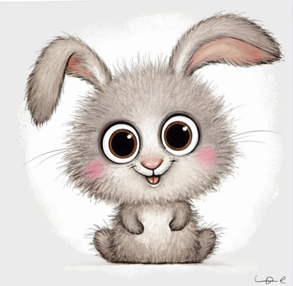 cute bunny, cartoon, big eyes, fluffy, gray fur, small animal, smiling, digital art, illustration, white background, whiskers, rosy nose, signed artwork, childrenâs book style, minimalistic, simplistic, adorable, fuzzy texture, hand-drawn, minimal shading, 2D art, neutral tones, friendly expression, playful, light strokes, adorable sketch <lora:æ½¦è-000012:0.8>,