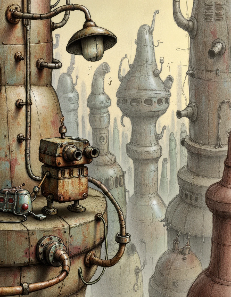 A machinart image of a close-up of a worn, rusty Wall-E style robot, with a surrealistic, steampunk-inspired makeover, set against a backdrop of intricate, victorian-style machinarium watchtowers constructed from a maze of copper pipes and hissing steam valves, with vibrant, muted colors and a predominantly pastel-hued lineart aesthetic, showcasing a mix of industrial and dieselpunk elements, with visible, hand-drawn linework and a retro-futuristic flair, reminiscent of a vintage, colored illustration, with an emphasis on extremely detailed, textured mechanical components and a blend of muted, earthy tones and rich, metallic hues.