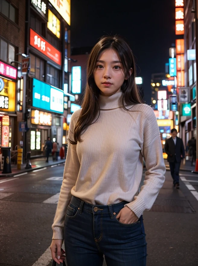 <lora:ReaLora:0.3> (realistic, photorealistic:1.37),
1girl, asian, long hair, 
standing, looking at viewer, (cowboy shot:1.2), 
turtleneck, sweater, 
<lora:LaD_St-Tenkaichi-v1:0.6> tenkaichi_dori, tokyo_\(city\), street, night