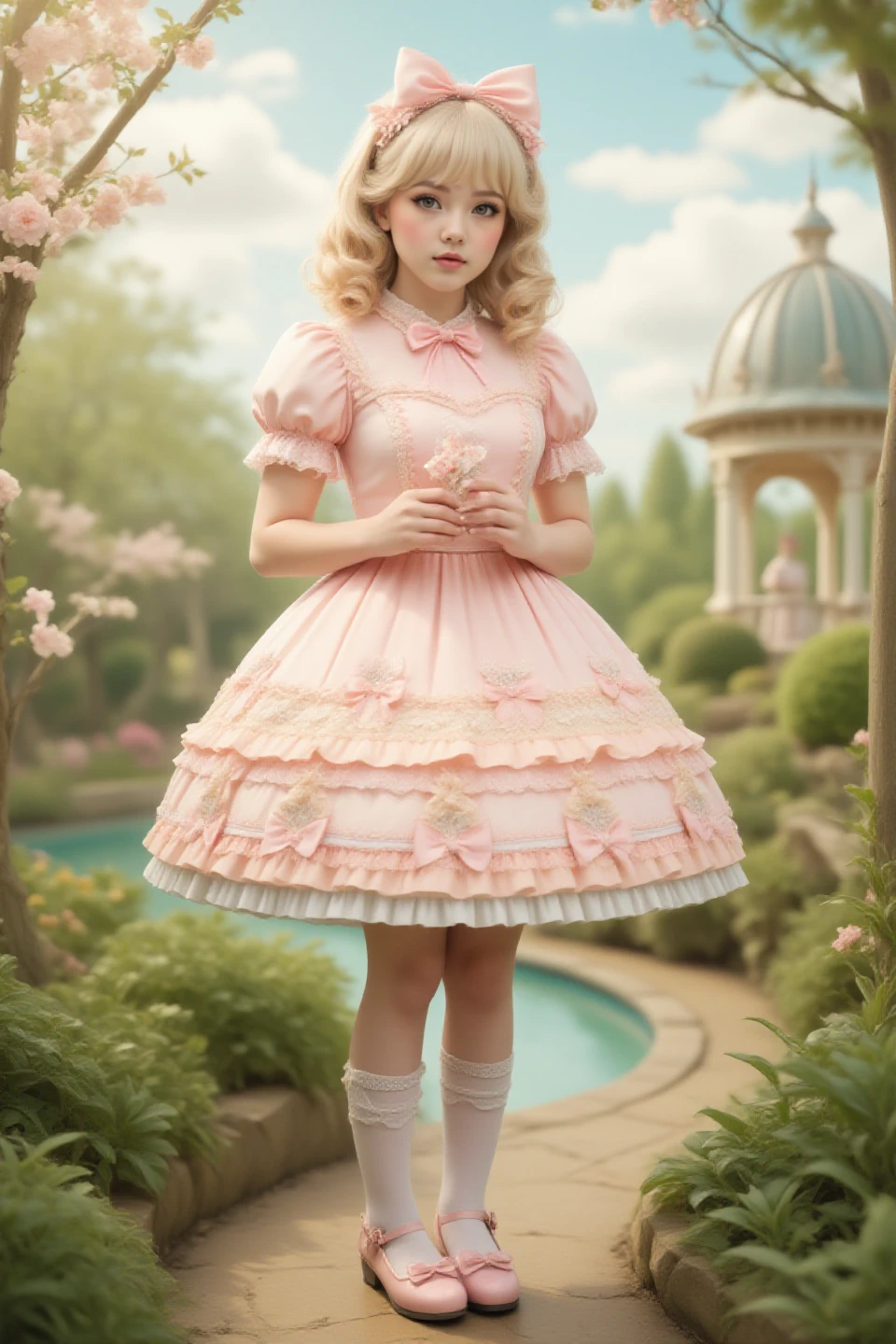 Create a highly realistic photograph. A young 18 year old (woman) dressed in a sweetegl outfit stands in a whimsical garden. She wears a pastel pink sweetegl dress adorned with lace, ribbons, and frills. The dress features a high neckline with a large bow at the center, puffed sleeves, and a knee-length skirt with layers of fluffy petticoats underneath. Her hair is styled in soft curls, adorned with a matching headband decorated with bows and small flowers. She wears white knee-high socks with lace trim and pink Mary Jane shoes with bows on the straps. In her hands, she holds a small, lace-trimmed parasol. The background is a lush, enchanted garden with blooming flowers, winding pathways, and a quaint gazebo in the distance. The sky is a soft pastel blue with fluffy white clouds, and the scene is bathed in the warm, golden light of a late afternoon.  <lora:SweetLolitaFlux:0.7>