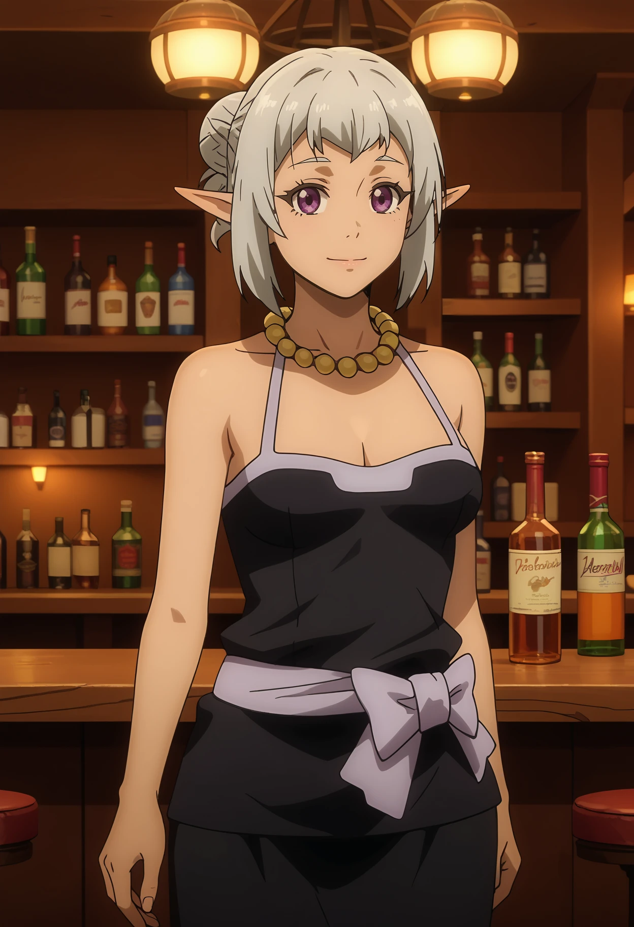 score_7_up, anime screencap,
<lora:TenSura_DwargonElf4XL:0.9>, DwargonElf4,
1girl, solo, closed mouth, light smile,
dark skin, hair bun, grey hair, purple eyes, pointy ears,
sleeveless dress, black dress, cleavage, pearl necklace, black skirt, waist bow, grey bow,
standing, looking at viewer, cowboy shot, arms at sides,
blurry background, indoors, bar (place)