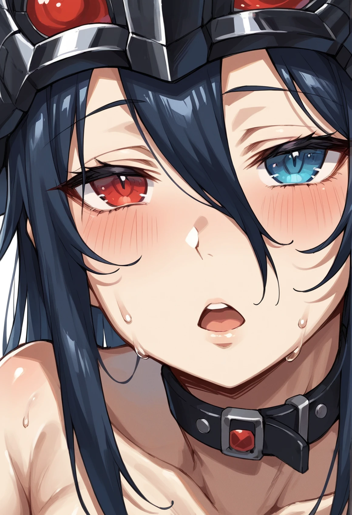 1girl, long hair, black hair, heterochromia, red eyes, blue eyes,  head out of frame, helmet, nude, collar, close-up, reaching towards viewer, half-closed eyes, blush, aroused, sweat, incoming kiss, chestnut mouth, open mouth, parted lips, r <lora:black_knight_BW_XL:1>, score_9, score_8_up, score_7_up, score_6_up, score_5_up, score_4_up, BREAK source_anime, masterpiece