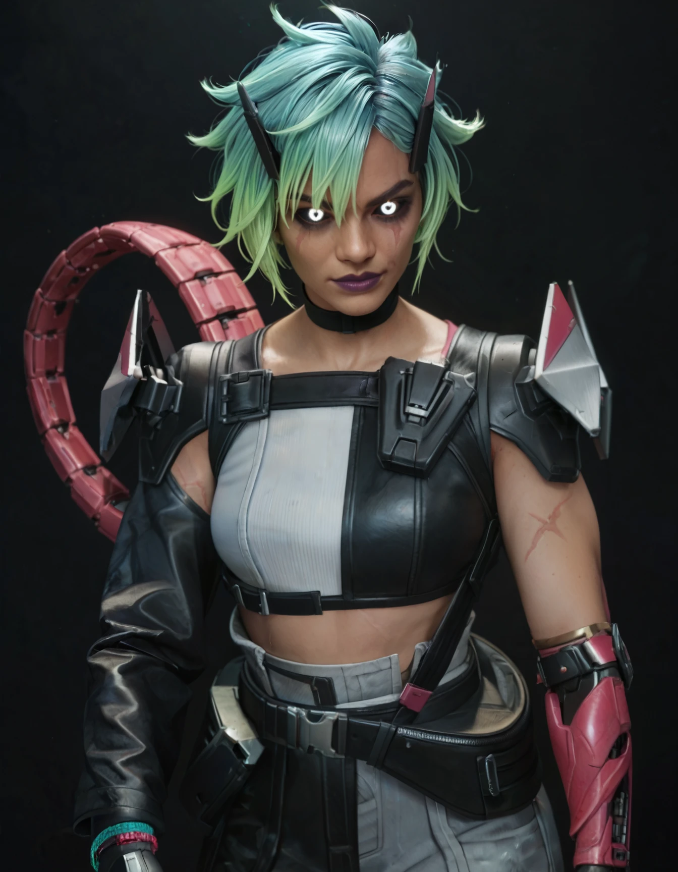 score_9,score_8_up,score_7_up,score_6_up,1girl,solo,dark background,black choker,white glowing eyes,scar on arm,colored sclera,black sclera,purple lips,elbow gloves,black belt,black jacket,gray jacket,aqua hair,gradient hair,green hair,multicolored hair,short hair,two-tone hair,black footwear,black pants,grey pants,dark skin,mechanical tail,upper body,medium breasts,    <lora:MyTrainings\Temp\Alter_Original_XL_Pony_ARZUMATA.safetensors:0.6>