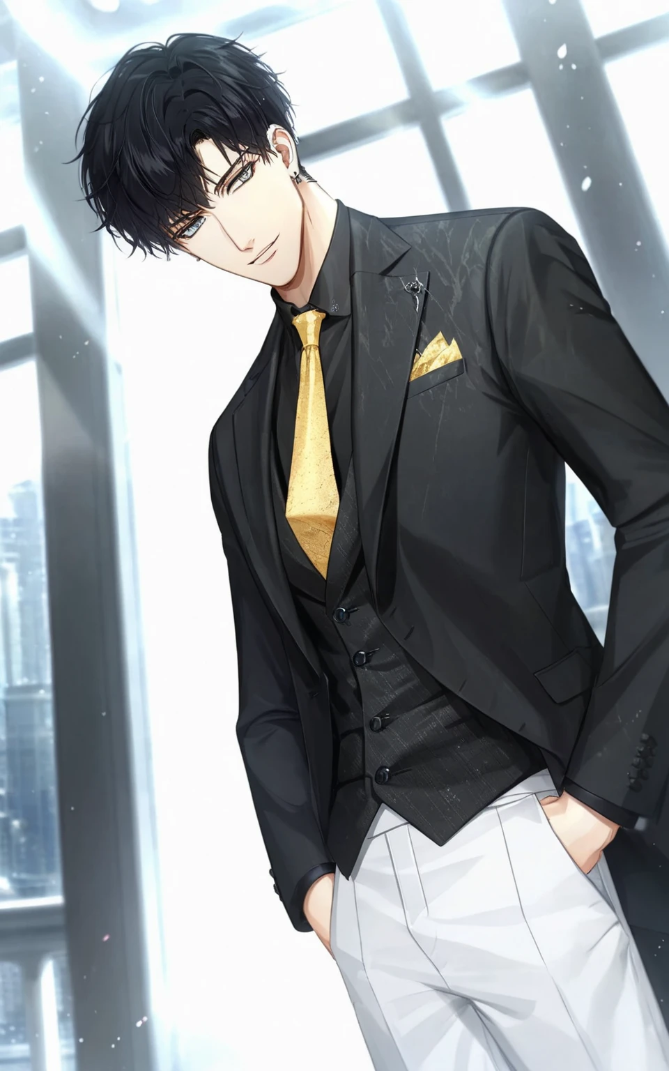 8k, best quality, masterpiece, (ultra-detailed),
smile, (standing, medium shot, looking at viewer, white background, clean background:1.5), (pseudo-impasto:0.7), (by ask:0.5), (by rella:0.3), (by mochizukikei:0.3), high resolution, intricate details, solo, close up shot,
<lora:xiaoyi-neta-Tanger-000014:0.8>, 1boy, xiaoyi, male focus, short hair, balck hair,
necktie, yellow necktie, formal, black shirt, pants, shirt, suit, white pants, jacket, vest, earrings,