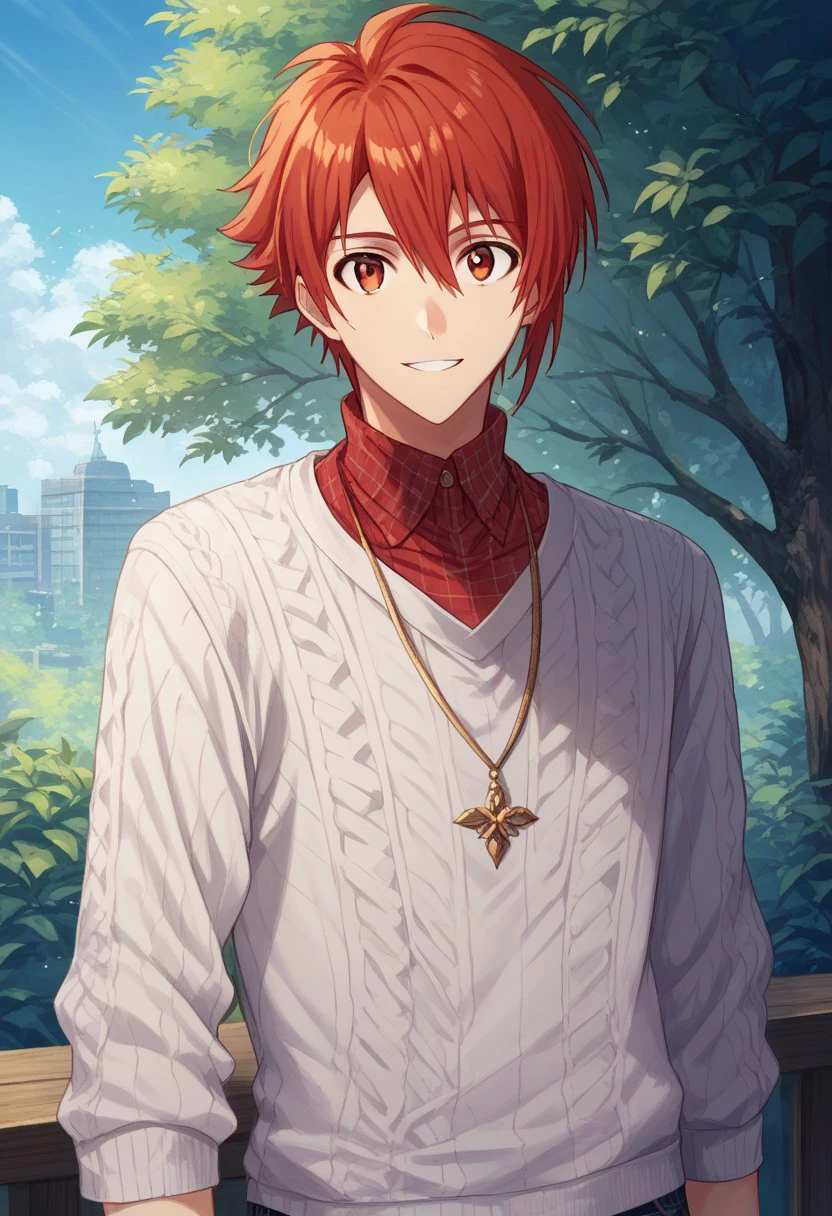 score_9, score_8_up, score_7_up, source_anime, highly detailed, 
rikunanase, 1boy, male focus, solo, red hair, smile, jewelry, red eyes, necklace, looking at viewer, shirt, red shirt, pants, plaid, upper body, sweater, white sweater,
outdoor, sky, tree