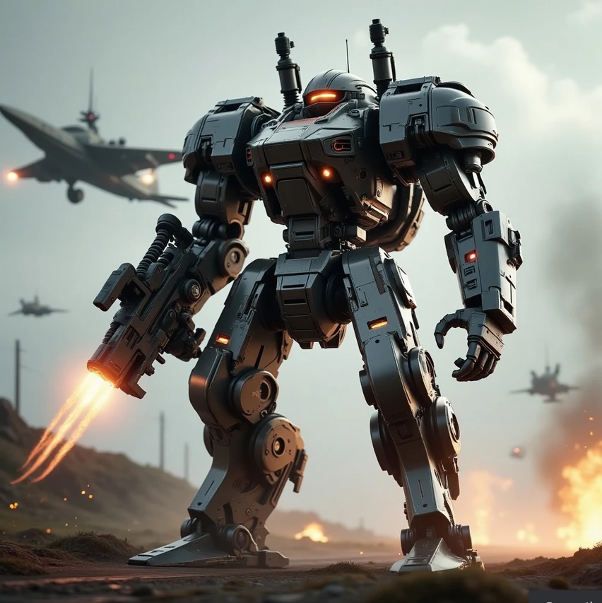 (Masterpiece: 1.4), (Best quality: 1.4), Natural(Big:1.25), ultra metallic mecha warrior firing against a flying ship cinematic volumetric lighting, wide shot with Sony Fx6