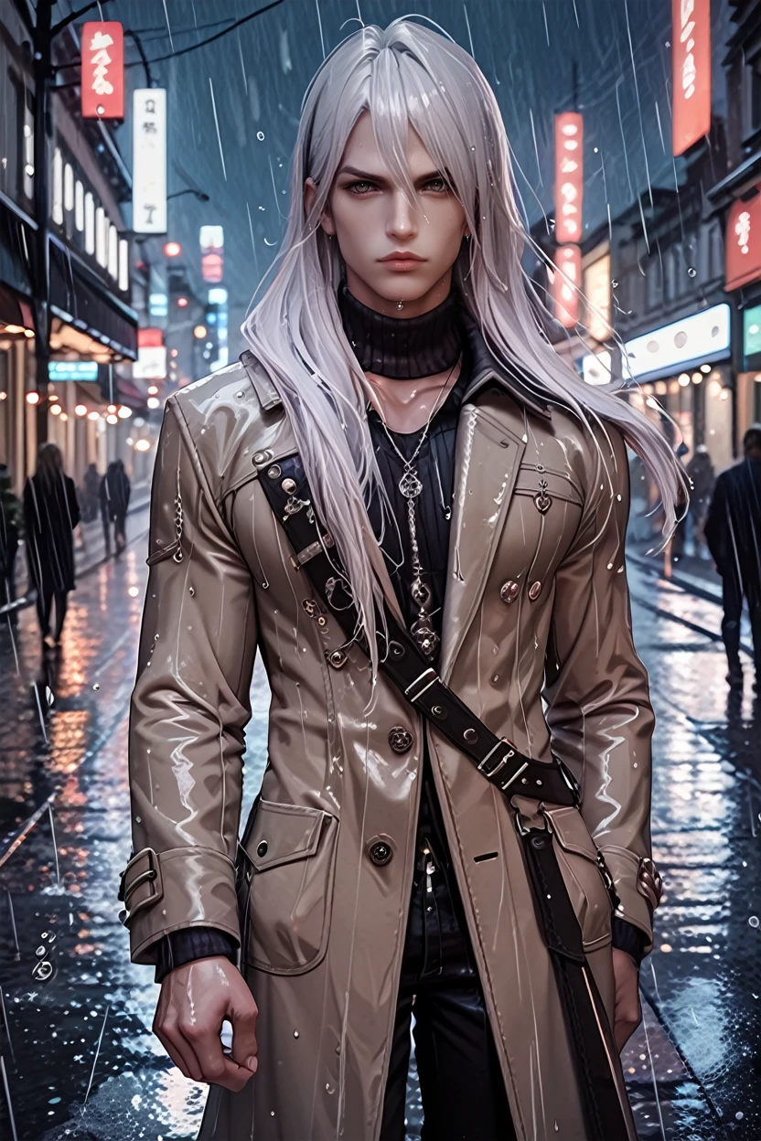 score_9, score_8_up, score_7_up, score_6_up
<lora:LAKadan:1.0>
LAKadan, 1boy, white hair, long hair, looking at viewer, standing in a rain-soaked street at night, wearing a trench coat, water droplets glistening, moody and cinematic, city lights reflecting in puddles