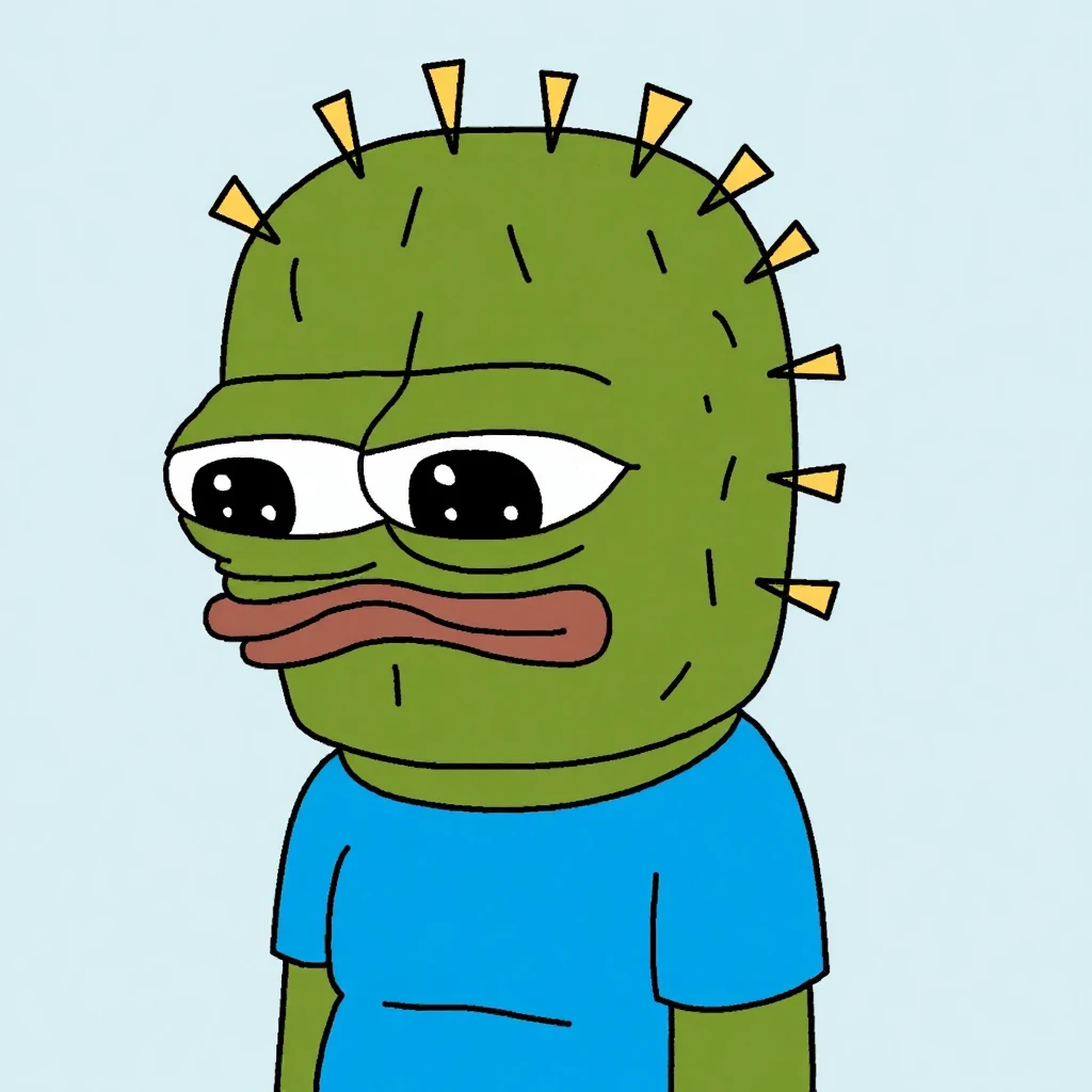 This is a digital cartoon drawing of apustaja the antropomorphic cactus. He is wearing a blue t-shirt and looks sad.