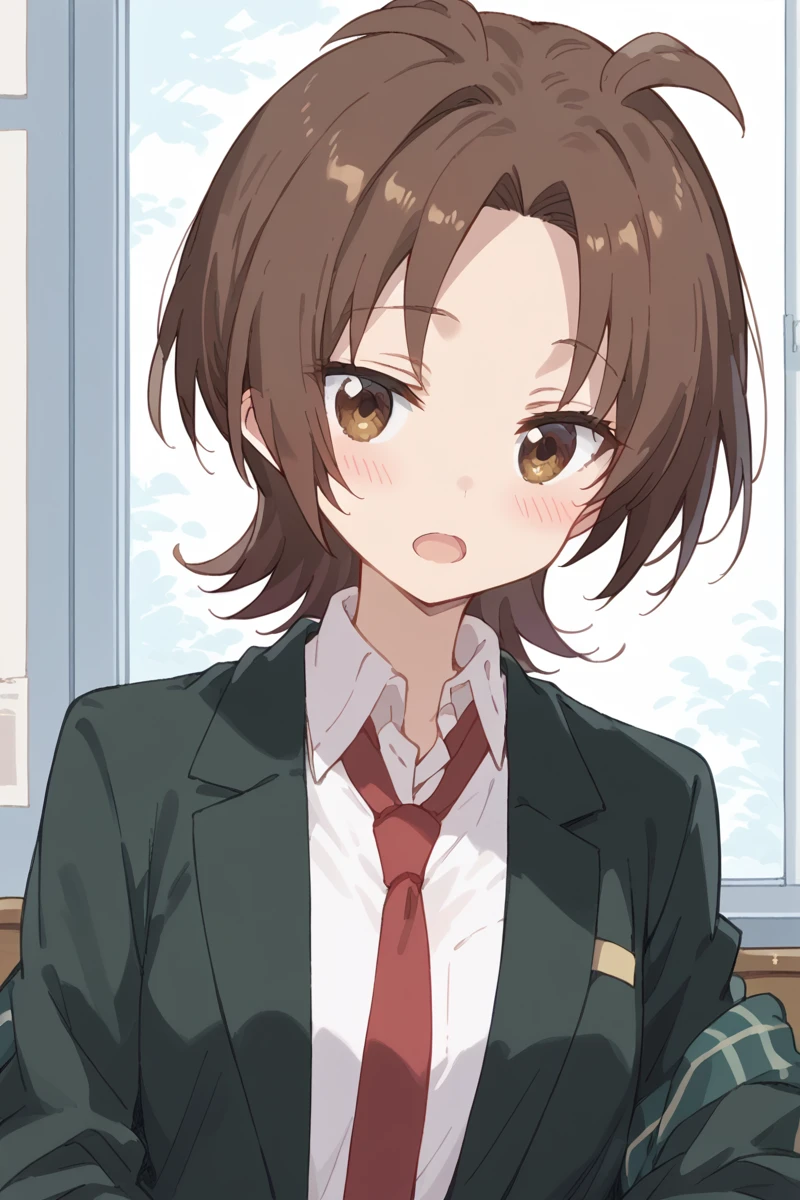 score_9, score_8_up, score_7_up, score_6_up,
 <lora:Yuzu_Iizuka:1> yuzu, 1girl, school uniform, brown hair, solo, brown eyes, necktie, open mouth, red necktie, uniform, jacket, blush, shirt, blazer, white shirt, looking at viewer