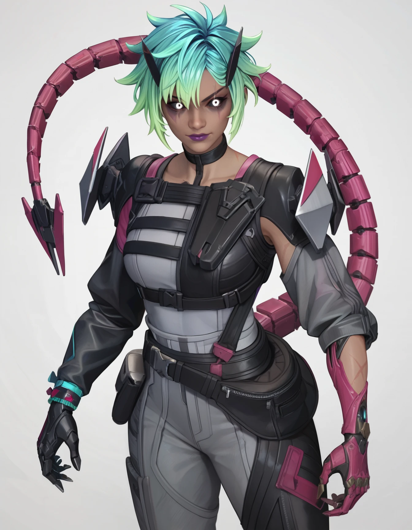 score_9,score_8_up,score_7_up,score_6_up,1girl,solo,looking at viewer,black choker,white glowing eyes,scar on arm,colored sclera,black sclera,purple lips,elbow gloves,black belt,black jacket,gray jacket,aqua hair,gradient hair,green hair,multicolored hair,short hair,two-tone hair,black footwear,black pants,grey pants,dark skin,mechanical tail,breasts,    <lora:MyTrainings\Temp\Alter_Original_XL_Pony_ARZUMATA.safetensors:0.7>