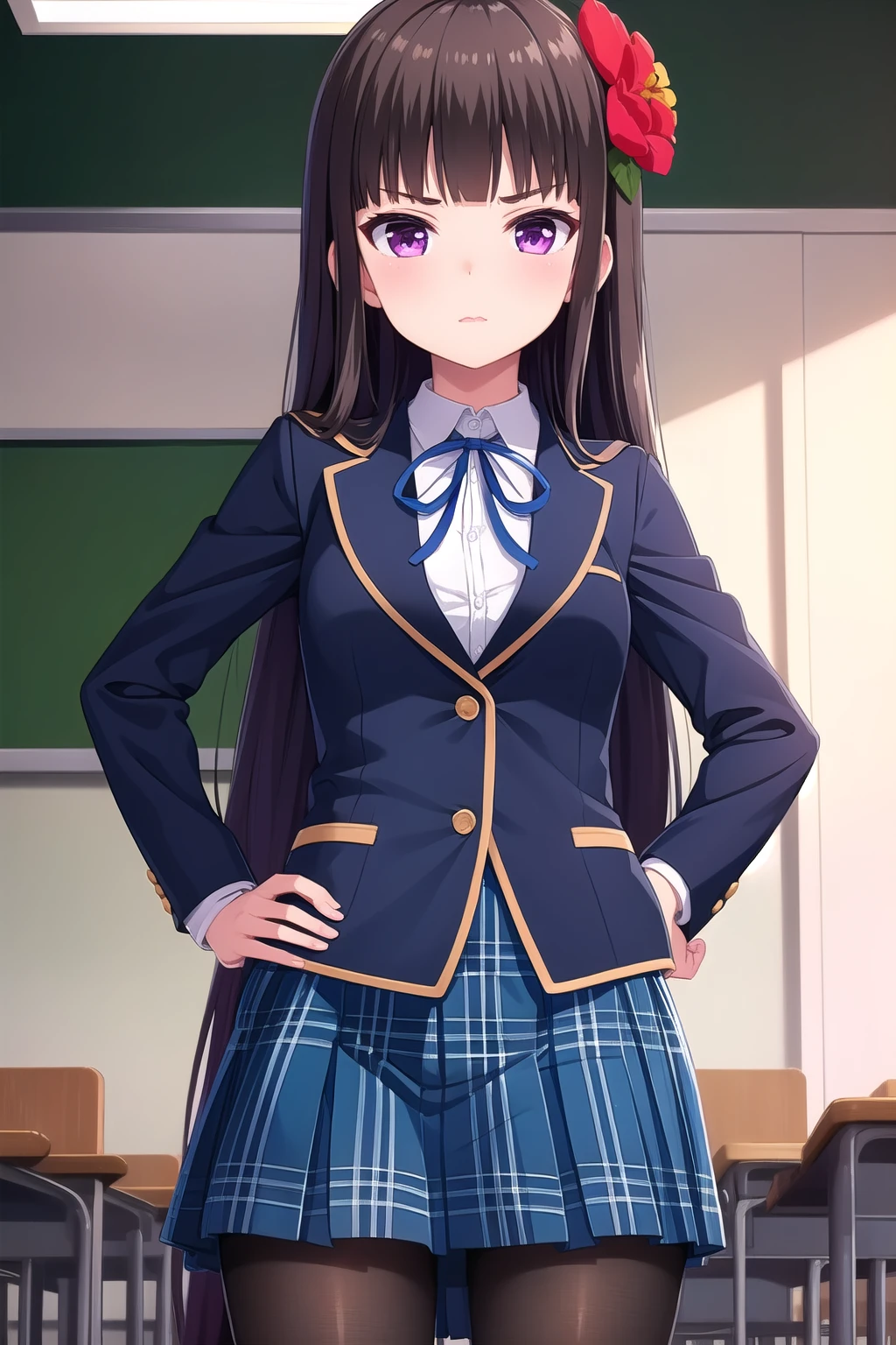 (masterpiece, best quality), highly detailed background, perfect lightingbest quality, shiranuiisuzu, solo, indoors, classroom, black hair, blunt bangs, hair flower, red flower, very long hair, purple eyes, small breasts, blue jacket, blazer, neck ribbon, blue ribbon, collared shirt, white shirt, hands on hips, blue skirt, plaid skirt, school uniform, grey pantyhose, closed mouth, pink lips, <lora:Shiranui-Isuzu-2-05:0.7>