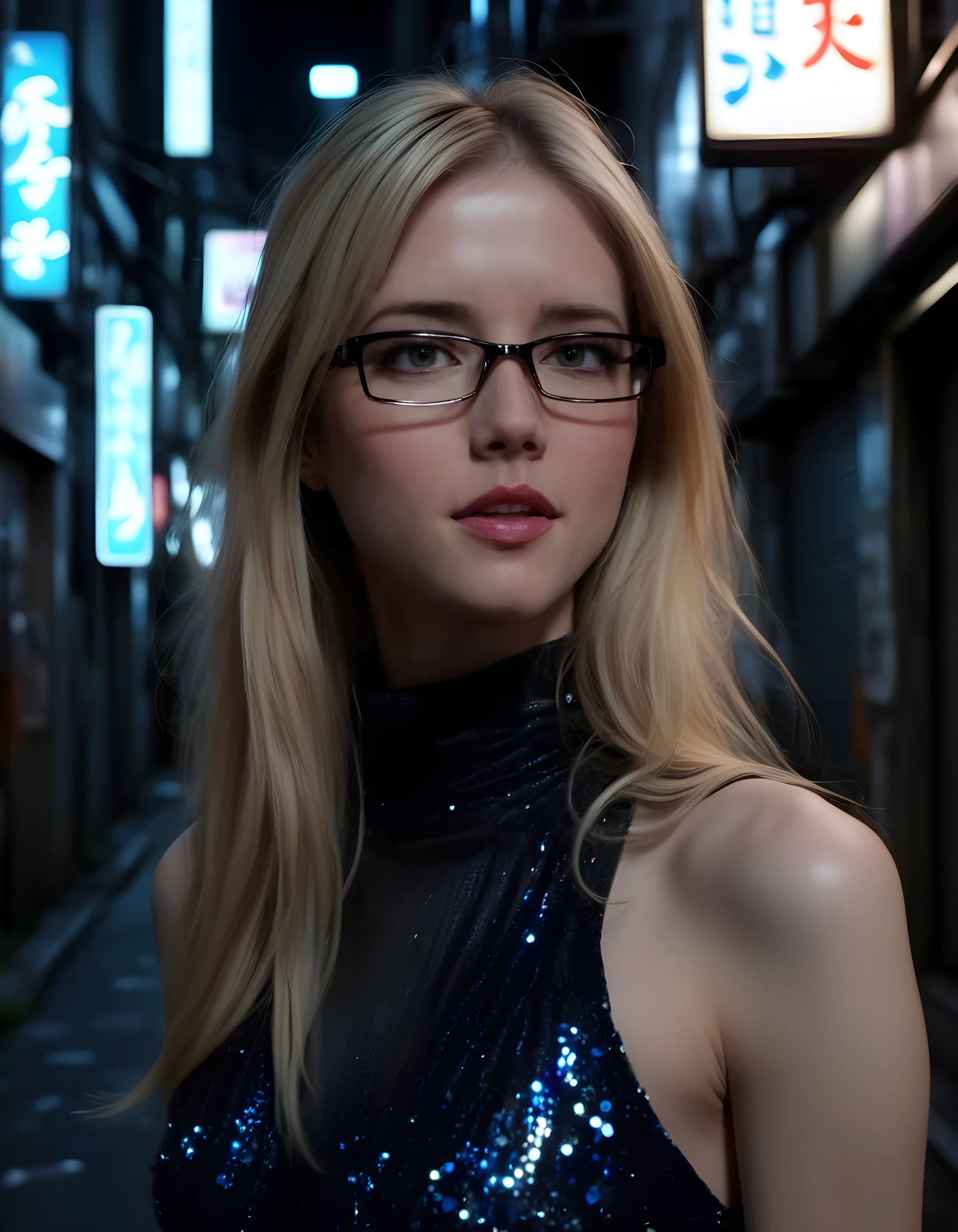 In a grungy, neon-lit alleyway of Tokyo's Akihabara district, the enigmatic EM1LYBR stands alone, her long blonde hair cascading down her back like a silken waterfall. Her striking blue eyes are hidden behind black-framed eyeglasses, her gaze fixed intently on something only she can see. Her lips are parted slightly in an enigmatic smile, revealing a brilliant white dentition that contrasts starkly with the edgy, dark ambiance of her surroundings. She is dressed in a unique ensemble: a high-necked, sleeveless black dress adorned with shimmering silver accents and a cascade of crystals that catch the light as she moves. The camera angle is low, capturing her from below, emphasizing her ethereal beauty and sense of otherworldliness, while the blurry background hints at the chaos and energy of the city that lies just beyond her reach.