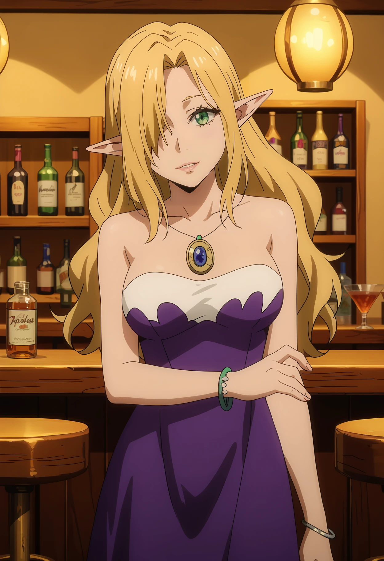 score_7_up, anime screencap,
<lora:TenSura_DwargonElf3XL:0.9>, DwargonElf3,
1girl, solo, parted lips, light smile,
blonde hair, green eyes, hair over one eye, pointy ears,
pendant, strapless dress, purple dress, cleavage, large breasts, bracelet,
standing, looking at viewer, cowboy shot,
blurry background, indoors, bar (place)