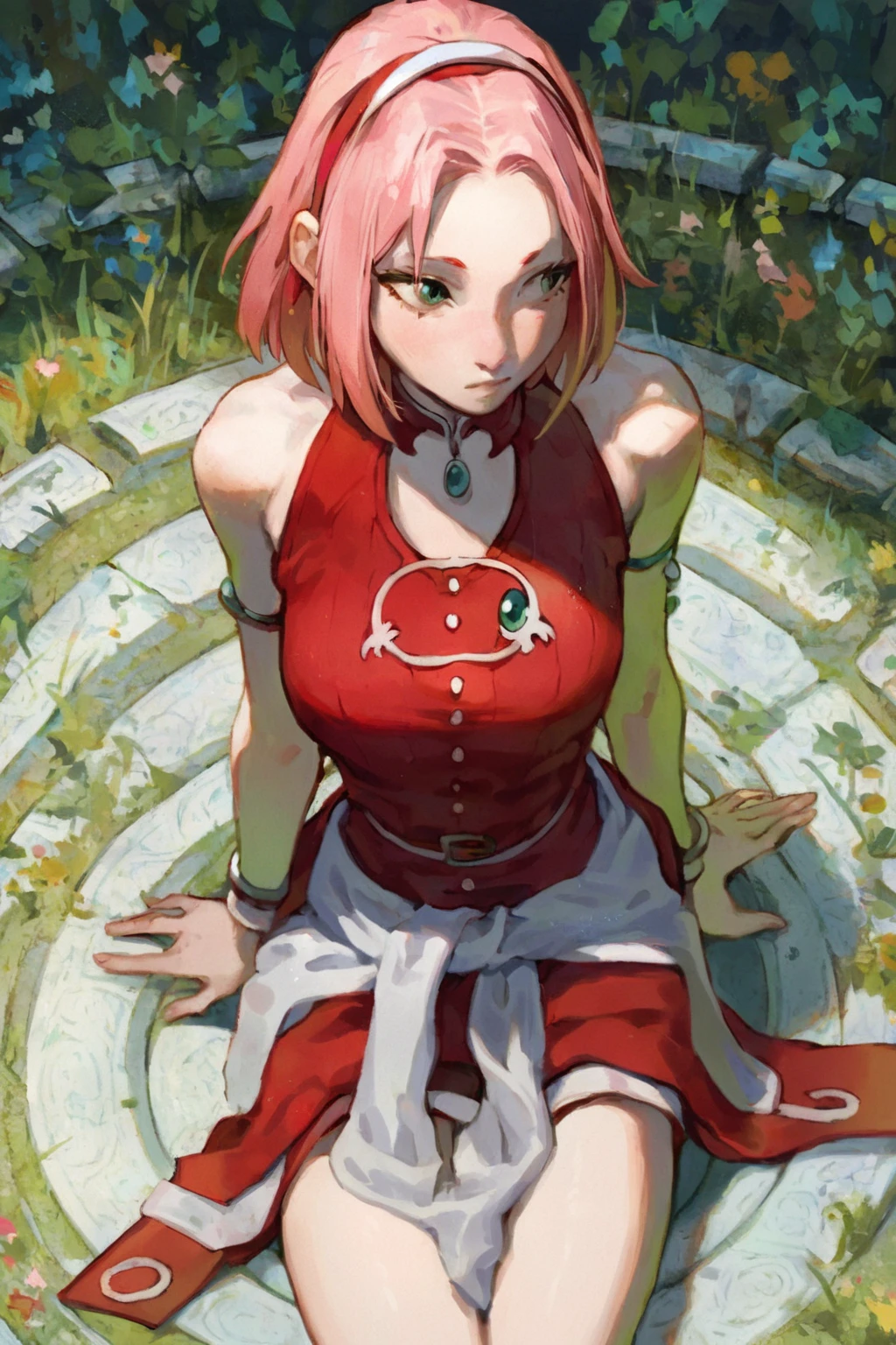 score_9, score_8_up, score_7_up, rating_explicit, rating_questionable, haruno sakura, armband, bare shoulders, clothes around waist, green eyes, hairband, pink hair, red shirt, sleeveless, solo, solo focus, cowboy shot, high contrast, , Sitting on the floor with legs crossed, looking to the side., <lora:2024-08-23_12-07-33-save-7474-25-24:1>