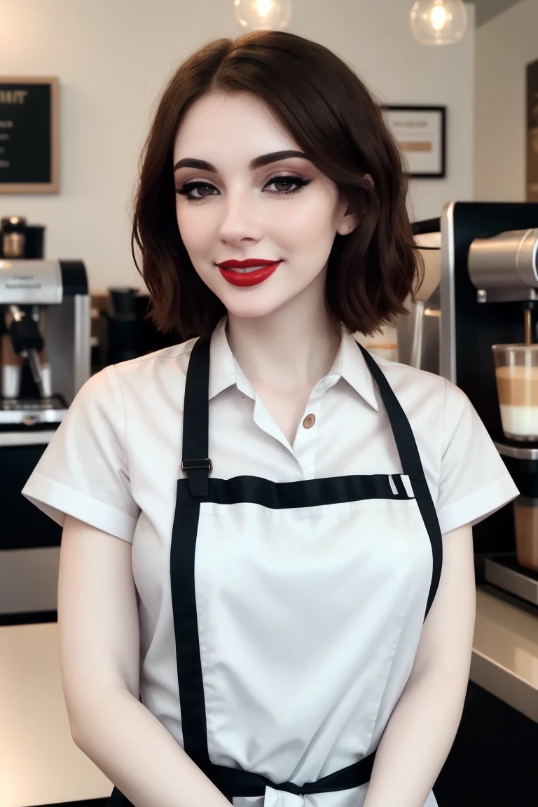 <lora:lioness-07:0.6>,, lioness, ((detailed eyes, detailed face):1.2), ((red lipstick, eye shadow, eyeliner, blush, pale skin)), ((fully clothed, modest)) , ,photo of a woman, RAW, ((barista uniform, shirt, apron, coffee)), ((short hair, dark red hair)), ((in a coffee shop)), , 8k uhd, dslr, soft lighting, high quality, film grain, Fujifilm XT3 sharp focus, f 5.6, , smiling