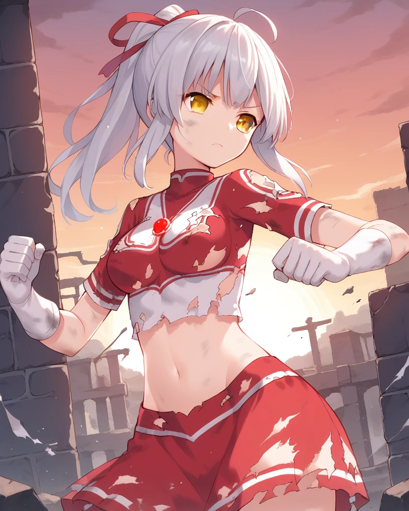 <lora:ultragirl_jack_v1.2>,ultrajack,white hair,ponytail,hair ribbon,yellow eyes,ahoge,medium breasts,
red chest jewel,midriff,crop top,red skirt,white gloves,torn clothes,
1girl,solo,
fighting stance,
sunset,ruins,
serious,
BREAK, score_9,score_8_up,score_7_up,source_anime,best quality,masterpiece,uncensored,detailed eyes,<lora:add-detail-xl:0.7>