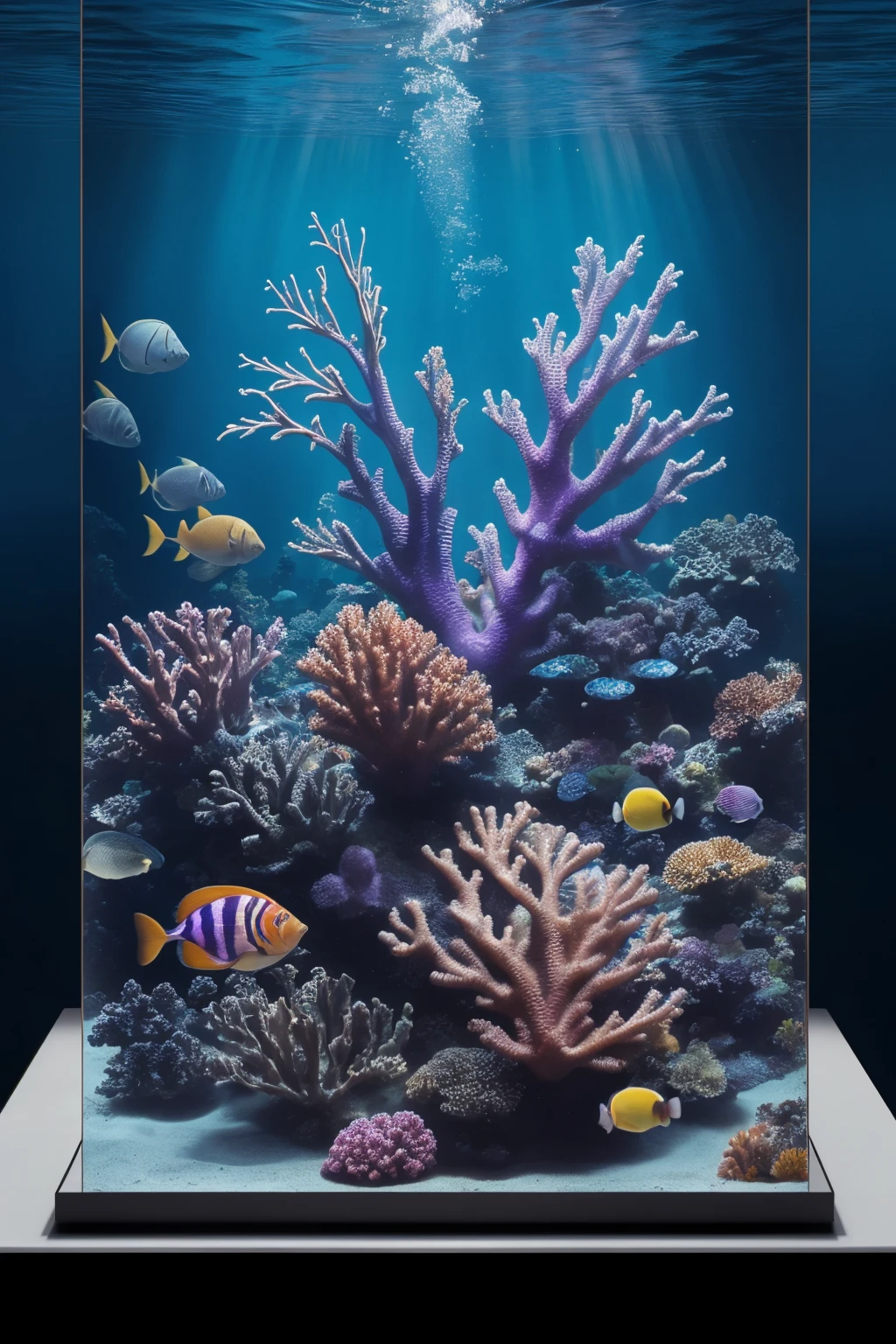 (top_8_scale) many tropical fish, cinematic lighting, underwater, colorful coral, bubbles, dark lighting, realistic proportions, (strong purple ombre)