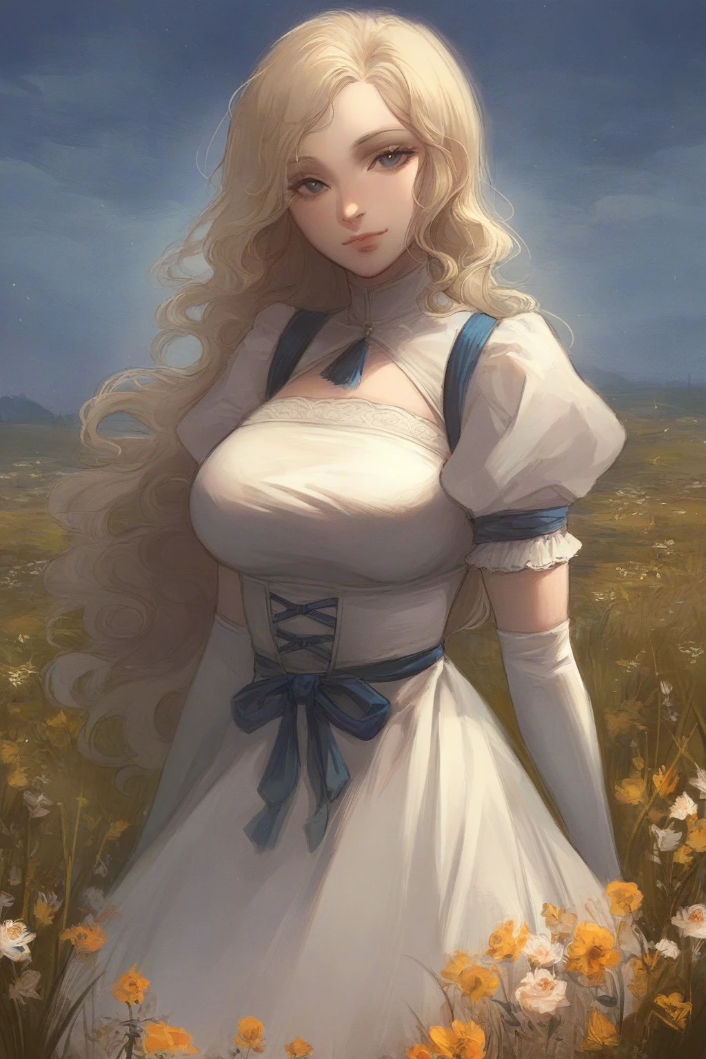 score_9, score_8_up, score_7_up, rating_safe, 1girl, solo, long hair, curly hair, wavy hair, looking at viewer, breasts, dress, white dress, puffy sleeves, puffy short sleeves, short sleeves, gloves, elbow gloves, white gloves, cowboy shot, closed mouth, standing, outdoors, field, flower, grass, plant, sky, <lora:2024-08-23_12-07-33-save-7474-25-24:1>