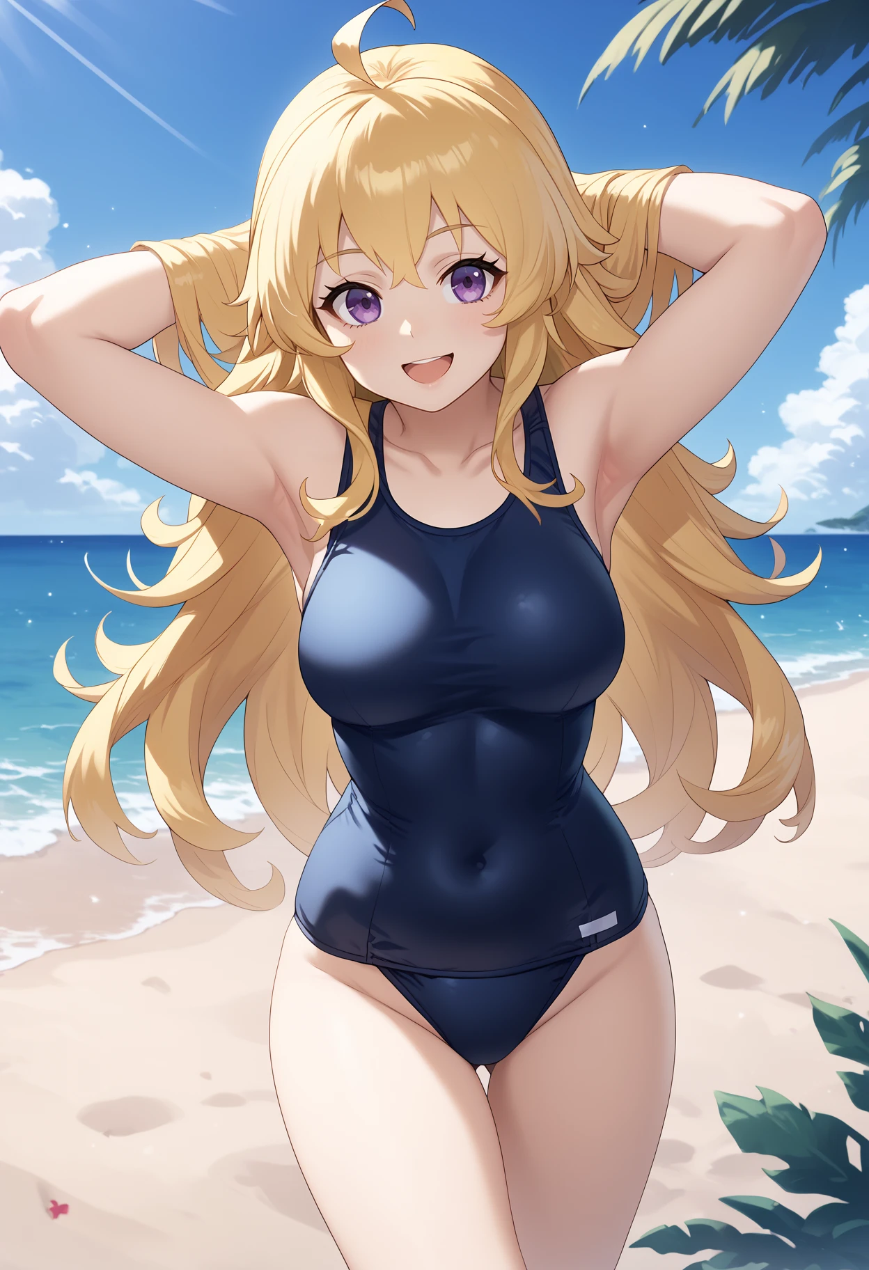 score_9, score_8_up, score_7_up, BREAK,
1girl, yangxiaolong, blonde hair, long hair, ahoge, purple eyes,
large breasts, school swimsuit, hands behind head, one-piece swimsuit, open mouth, smile, happy, solo, looking at viewer, sea, sand, blue sky, tropical island background   <lora:YangXiaLongXL:1>