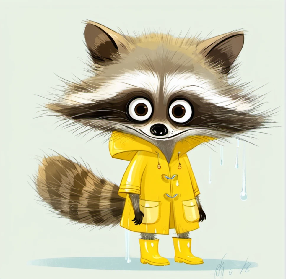 cartoon raccoon, digital art, illustration, yellow raincoat, yellow rain boots, drenched, wet fur, big eyes, surprised expression, minimalistic background, white background, standing, anthropomorphic animal, cute, humorous, childrenâs character, whimsical, expressive, light shading, subtle details, hand-drawn style. <lora:æ½¦è-000012:0.8>,