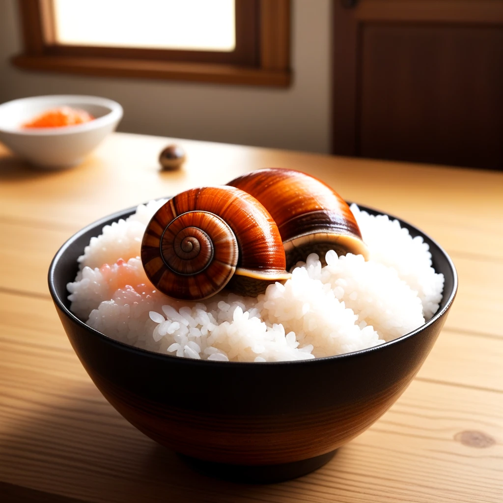 food, indoors, blurry, no humans, food focus, still life, rice bowl, wooden table, transparent roe, realistic, cinematic lighting <lora:fish_roe_SDXL:0.5>, snail egg roe