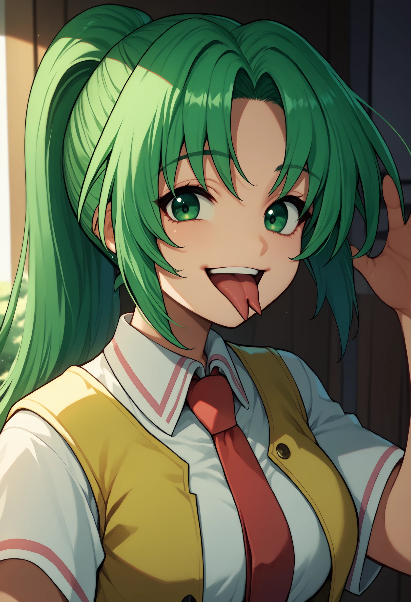 score_9, score_7_up,  forked tongue, 1girl,    <lora:Forked tongue-000008:1>      <lora:MionCAME2:1> Mion Sonozaki, green eyes, ponytail, green hair, white shirt, red necktie, yellow vest, open mouth, looking at viewer, smile,