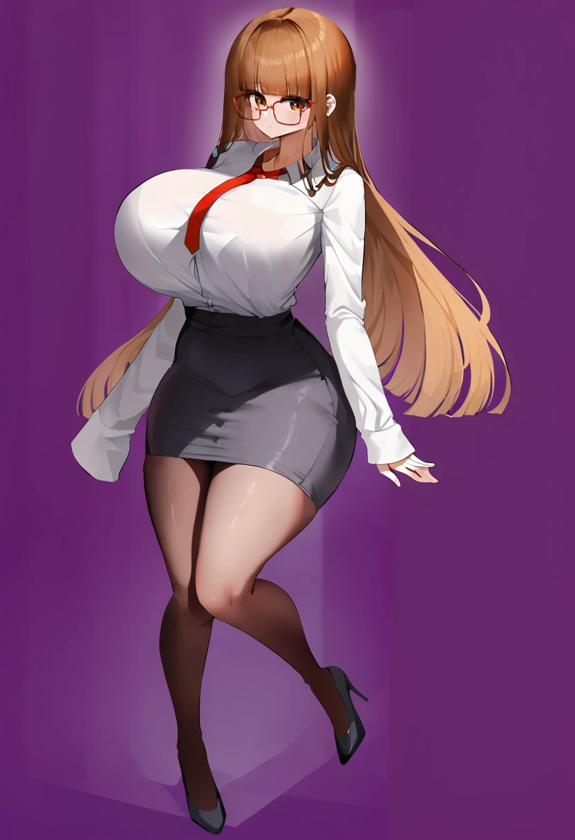 score_9, score_7_up,  1girl, 
solo, huge breasts, wide hips, thick thighs, office lady, office dress, legs together, red necktie, high heels, blunt bangs, glasses, black footwear, taut clothes, thighs, breasts, collared shirt, taut shirt, necktie, purple background, looking to the side, long hair, curvy, pantyhose, long legs, sleeves pushed up, white shirt, shirt, brown pantyhose, brown eyes, mature female, red-framed eyewear, dress, brown hair
 <lora:Nicorima-Style-PonyXL-GLoRA-000044:1>