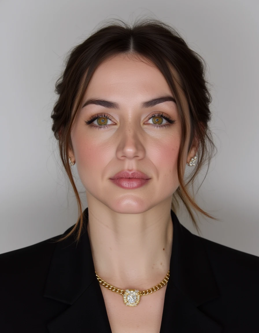 High quality passport photo of a woman wearing a suit and tie looking directly at the camera with her mouth closed and a neutral expression. She is also wearing a delicate gold chain and some understated diamond earrings.  <lora:Ana_de_Armas_FLUX_v1-000061:1>