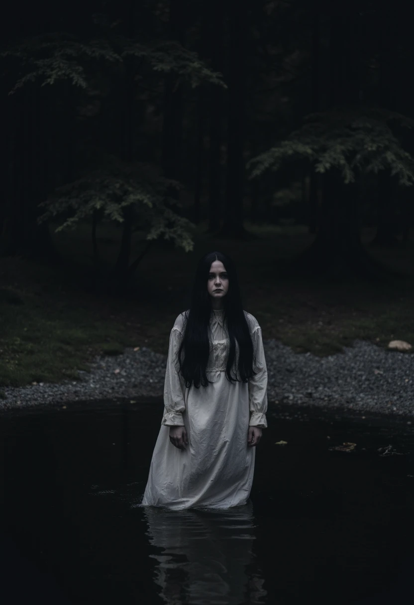 bride, horror, sinister, occult, evil, horror movie still, (Junji Ito feel:0.2), a woman standing straight rigid, black hair hanging down, looking at viewer, (((Unsettling, creepy, disturbing))), black background infinite void, water covering floor